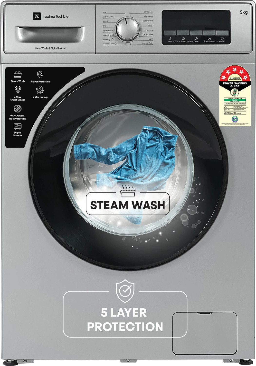Image of realme TechLife 9 kg In-built Heater with MegaWash+ Fully Automatic Front Load Washing Machine with In-built Heater Grey