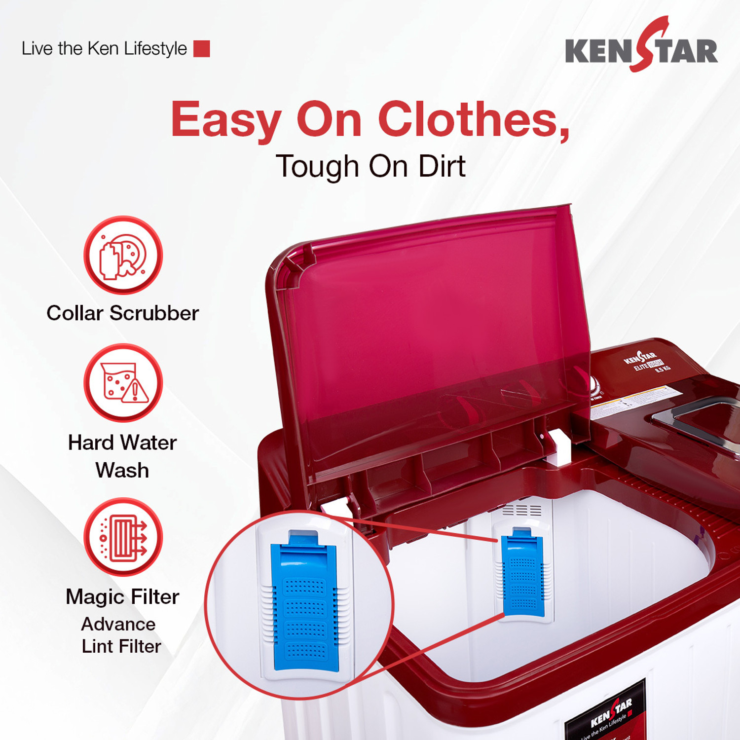 Image of Kenstar 8.5 Kg Swift Dry Lid Semi Automatic Top Load Washing Machine White, Red