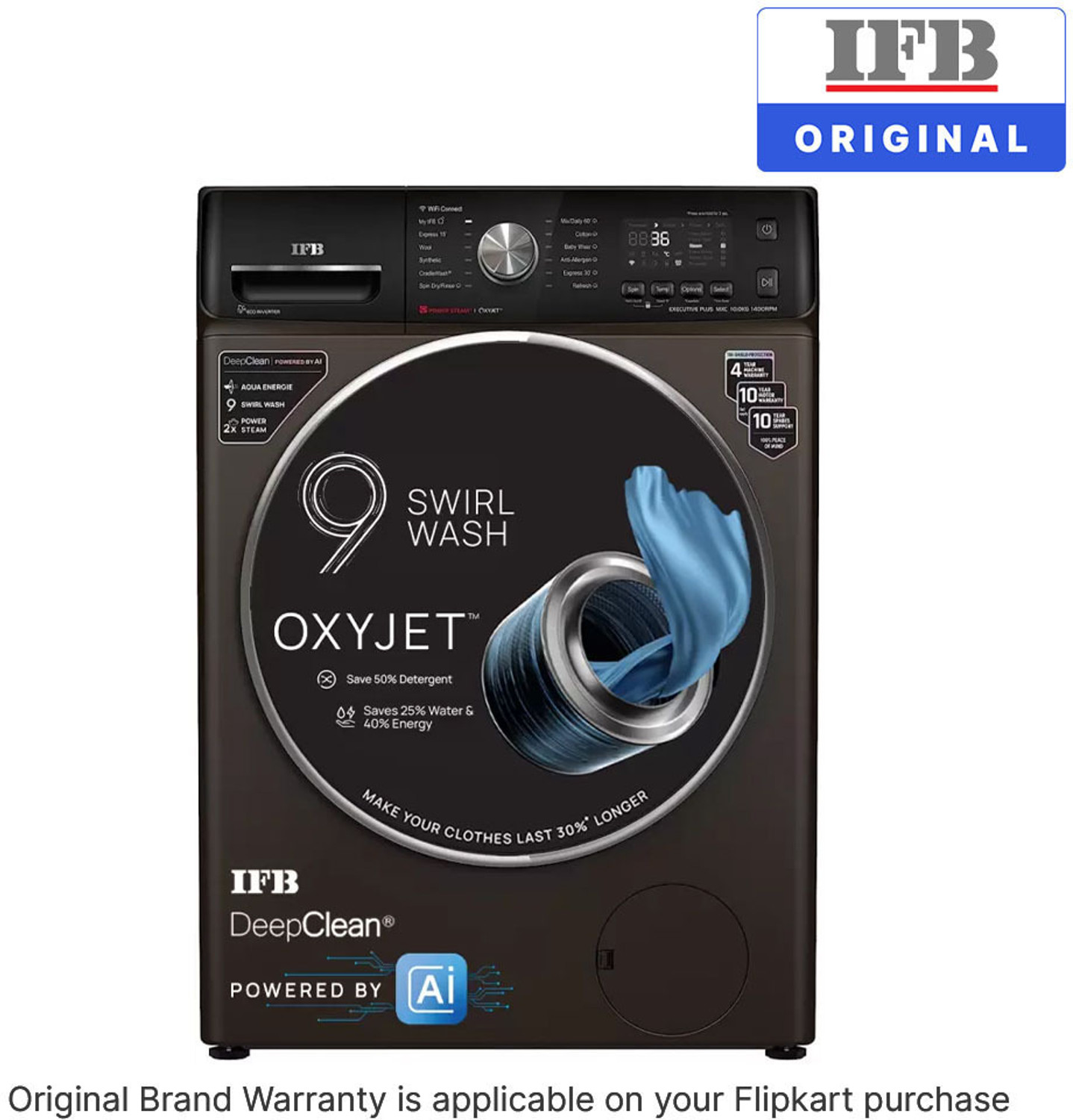Image of IFB 10 kg with Steam 5 Star AI Powered Eco Inverter with Wi-Fi EnabledOxyjet 9 Swirl Wash, Fully Automatic Front Load Washing Machine with In-built Heater Brown