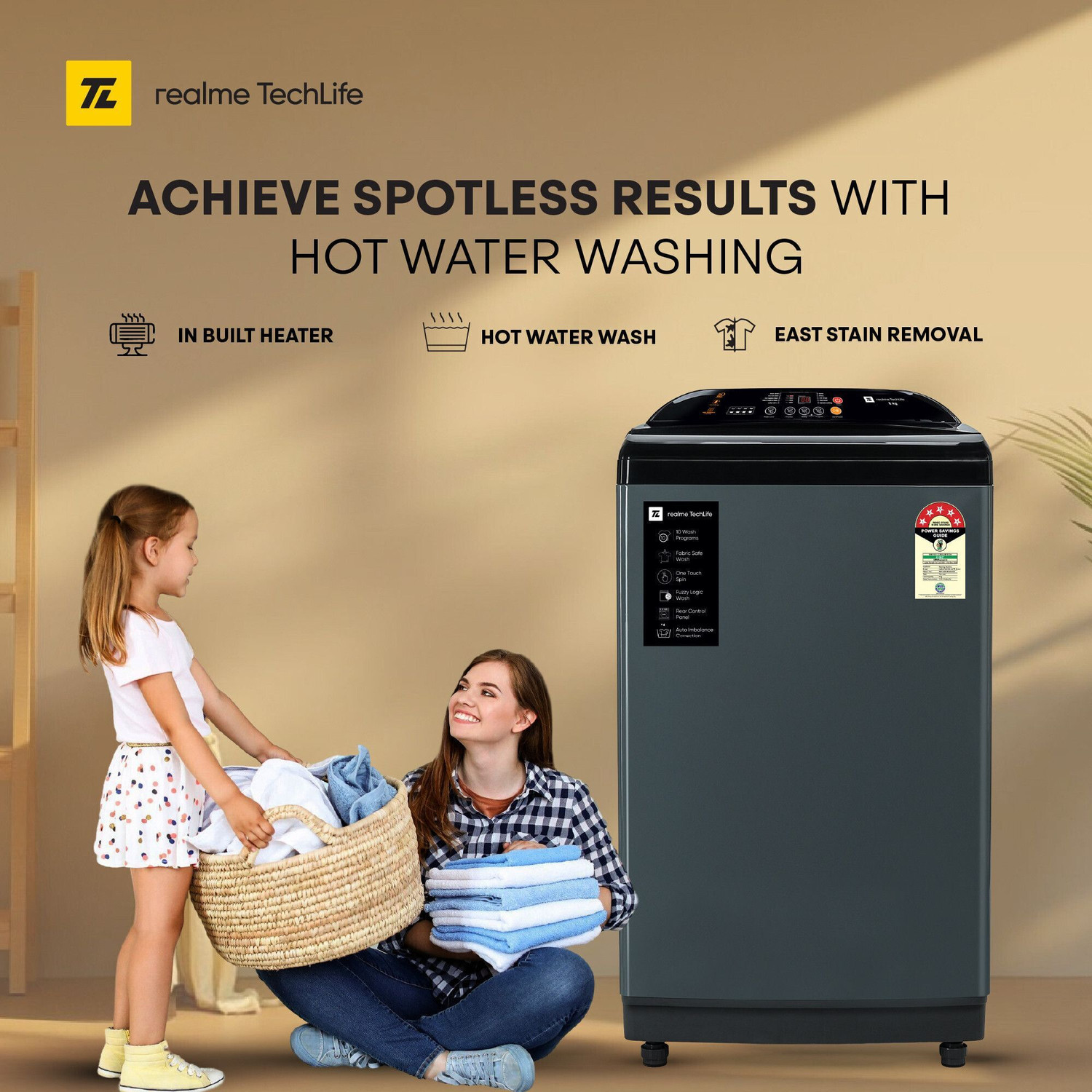 Image of realme TechLife 8 kg Soft closing Glass lid Fully Automatic Top Load Washing Machine with In-built Heater Black, Grey