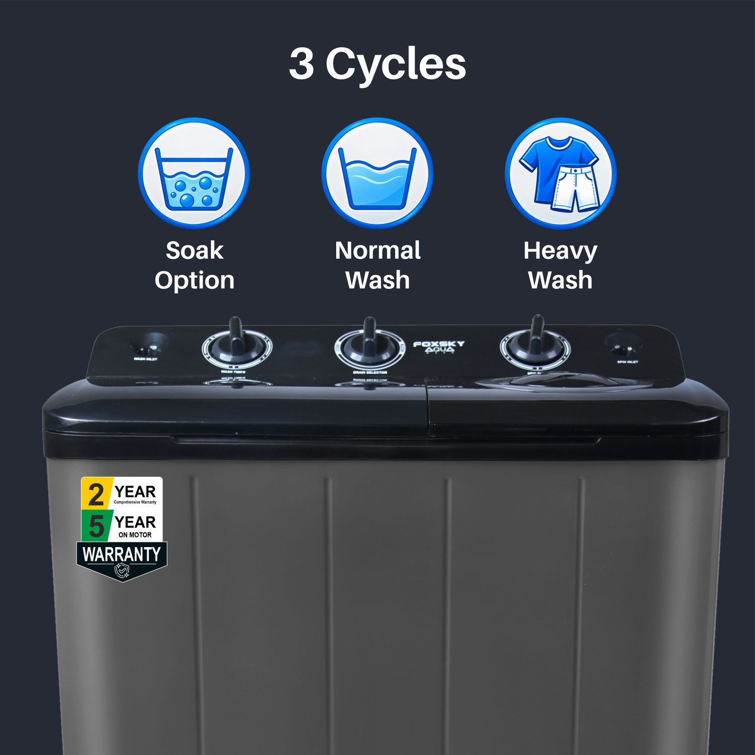 Image of FOXSKY 6.5 kg Semi Automatic Top Load Washing Machine Black