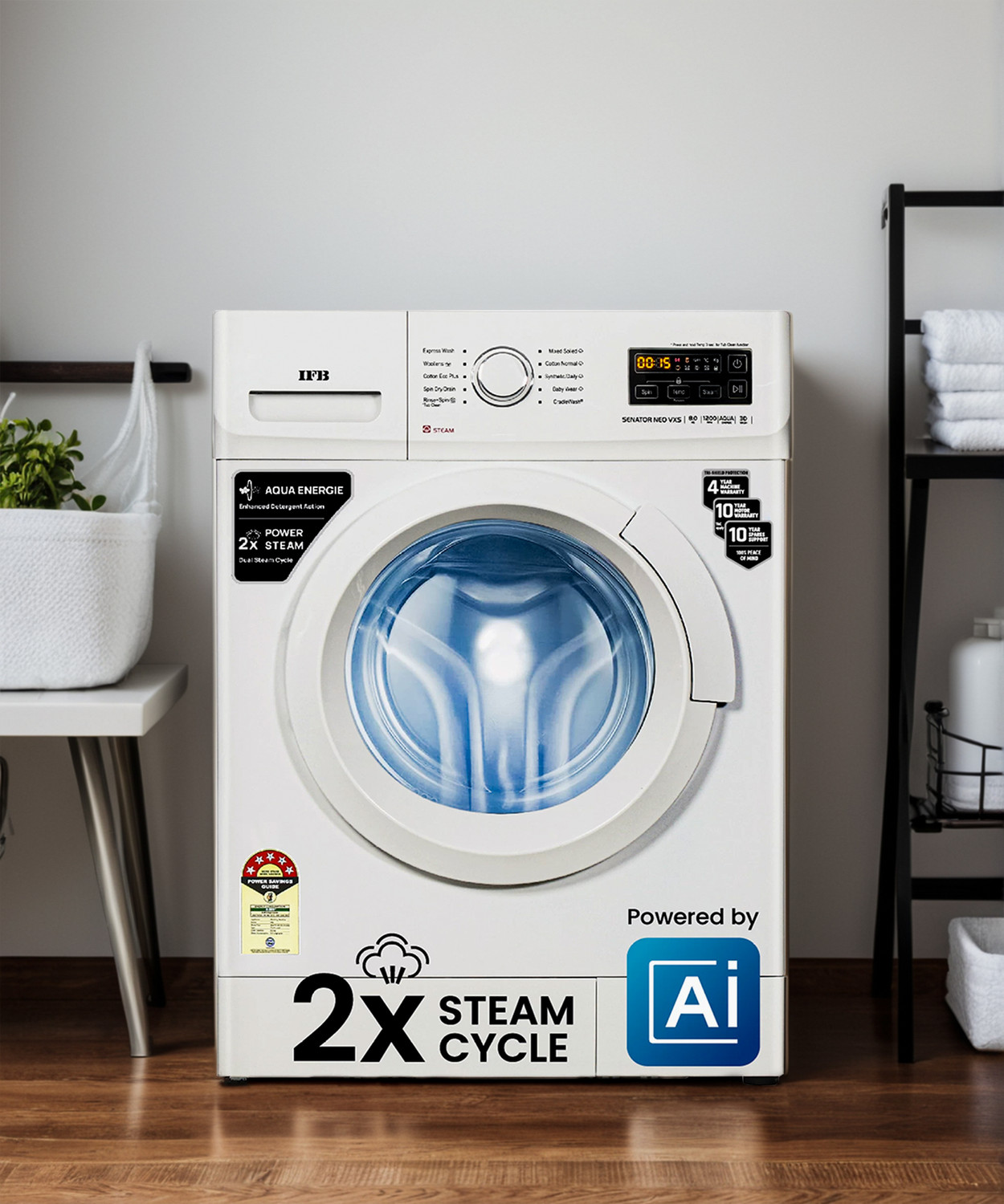 Image of IFB 8 kg Powered by AI, 5 Star,� with 2x Steam Cycle Fully Automatic Front Load Washing Machine with In-built Heater White