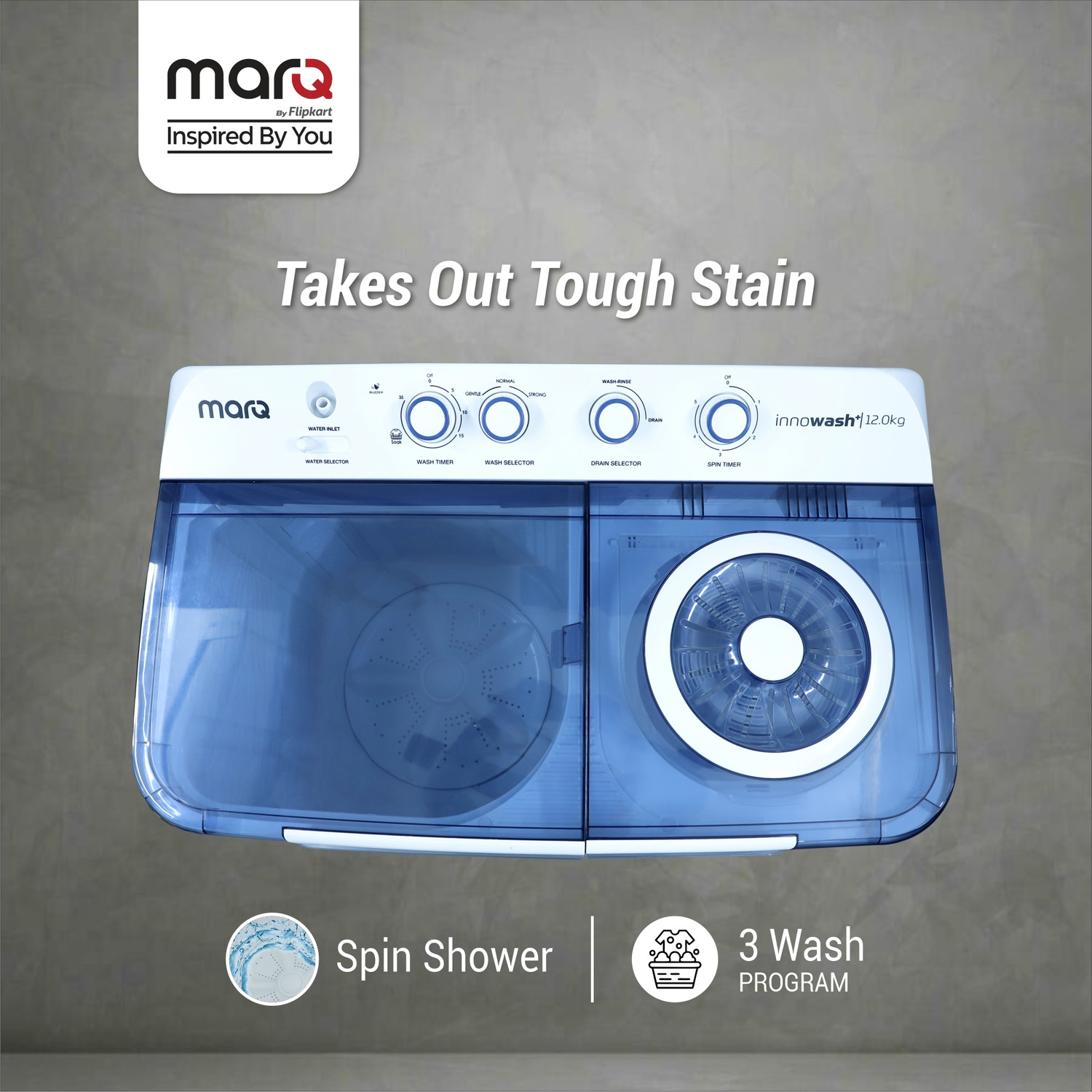 Image of MarQ by Flipkart 12 kg Semi Automatic Top Load Washing Machine Blue