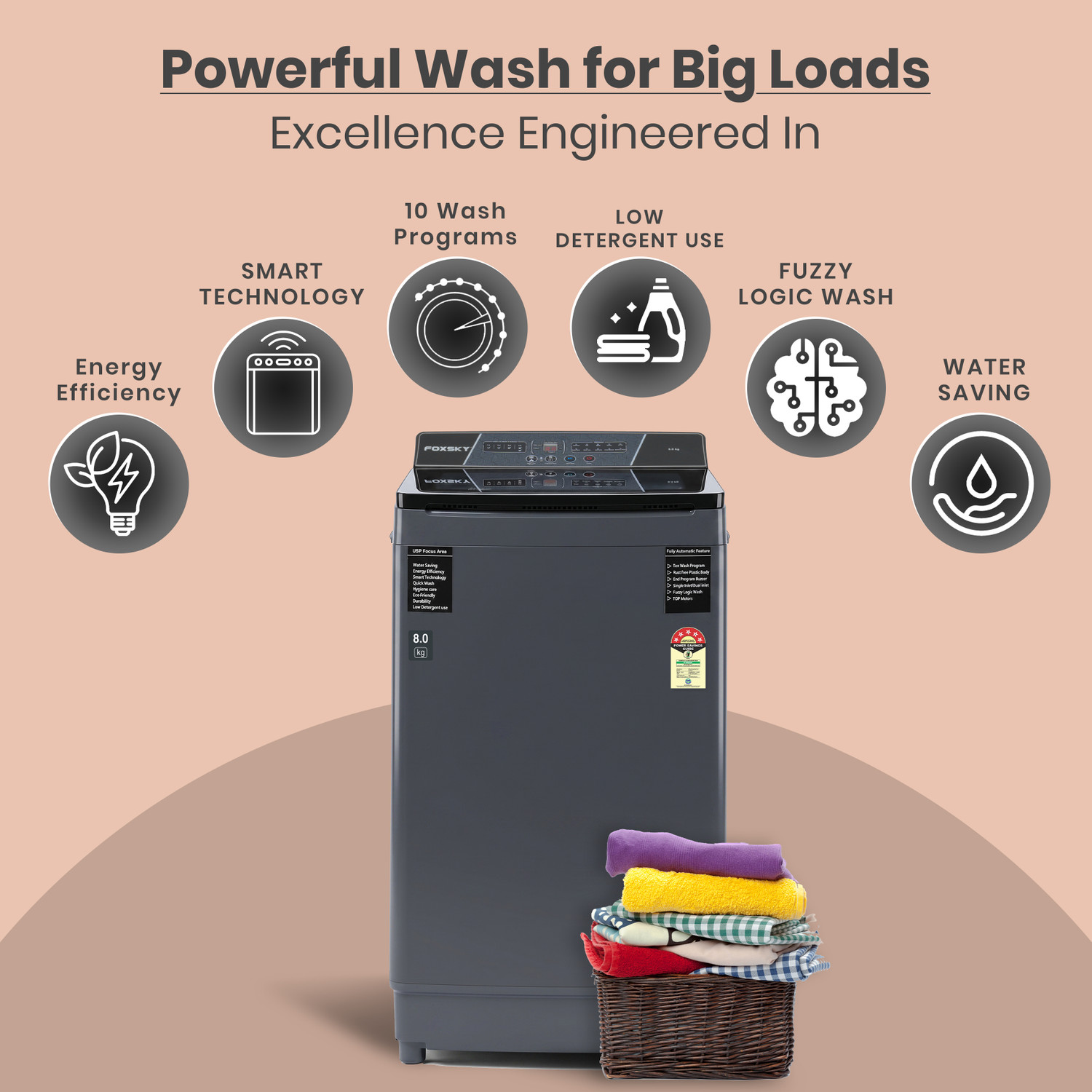 Image of FOXSKY 8 kg Fully Automatic Top Load Washing Machine Grey