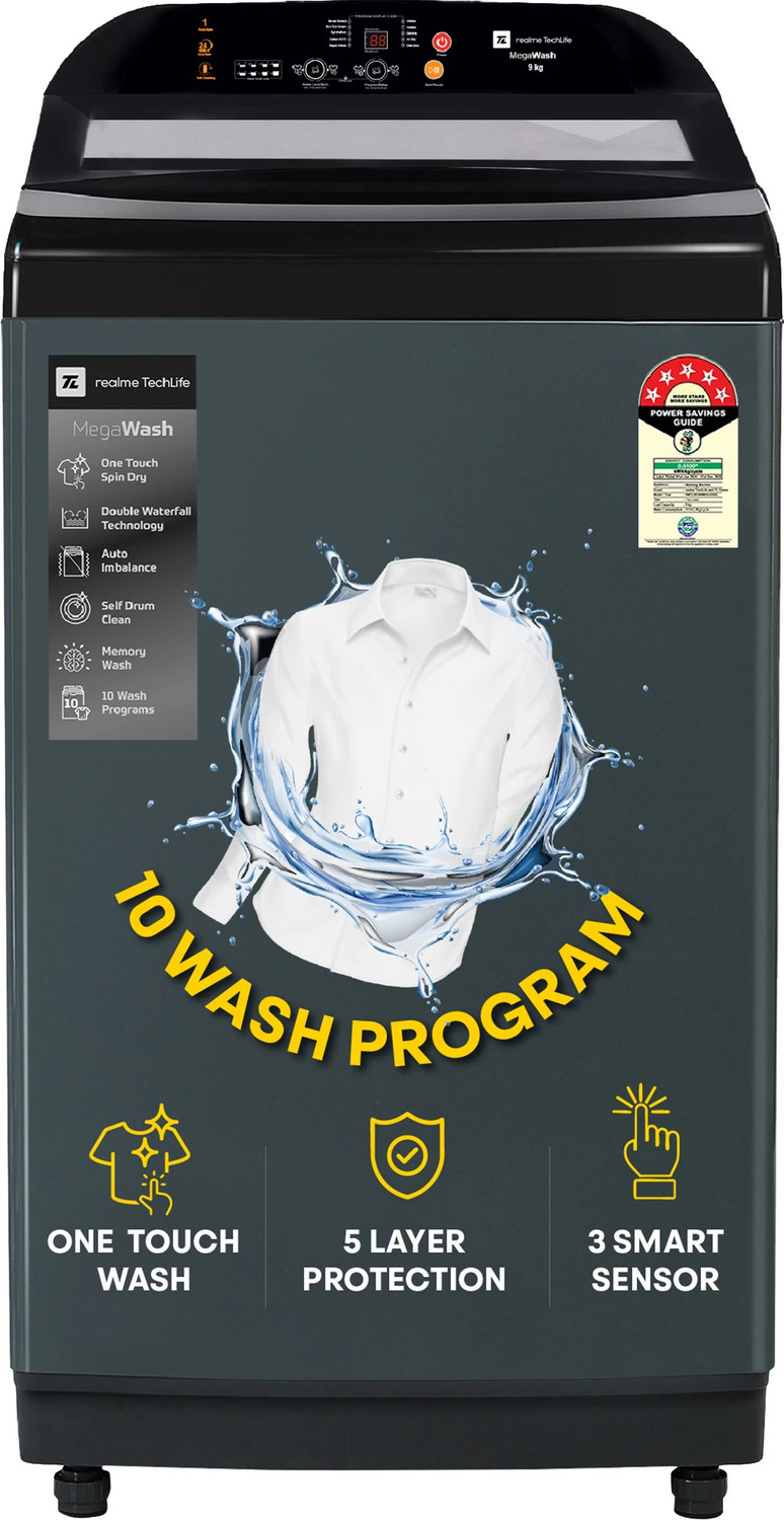 Image of realme TechLife 9 kg MegaWash Range Fully Automatic Top Load Washing Machine Grey