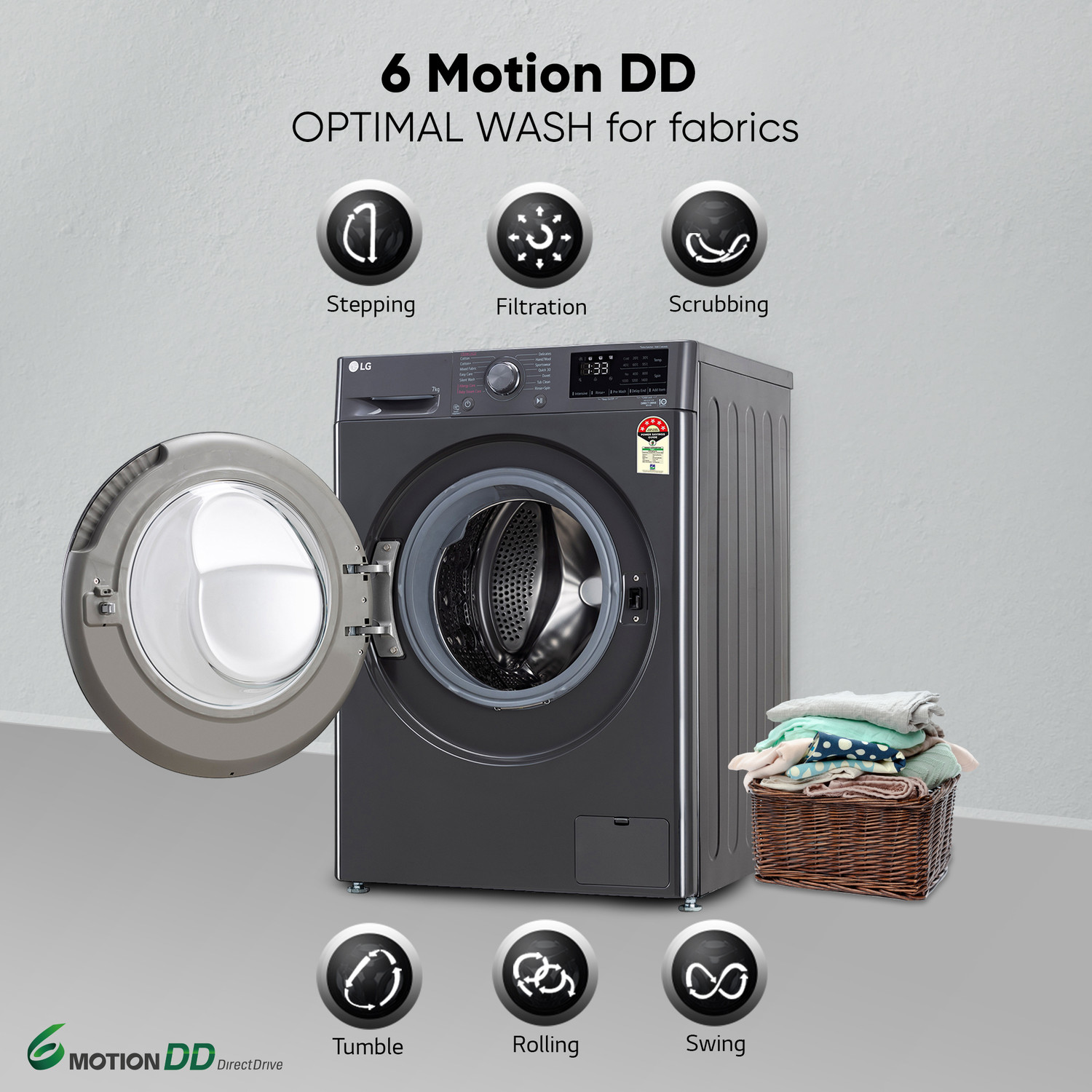Image of LG 7 kg AI Direct Drive Technology Fully Automatic Front Load Washing Machine with In-built Heater Black, Grey