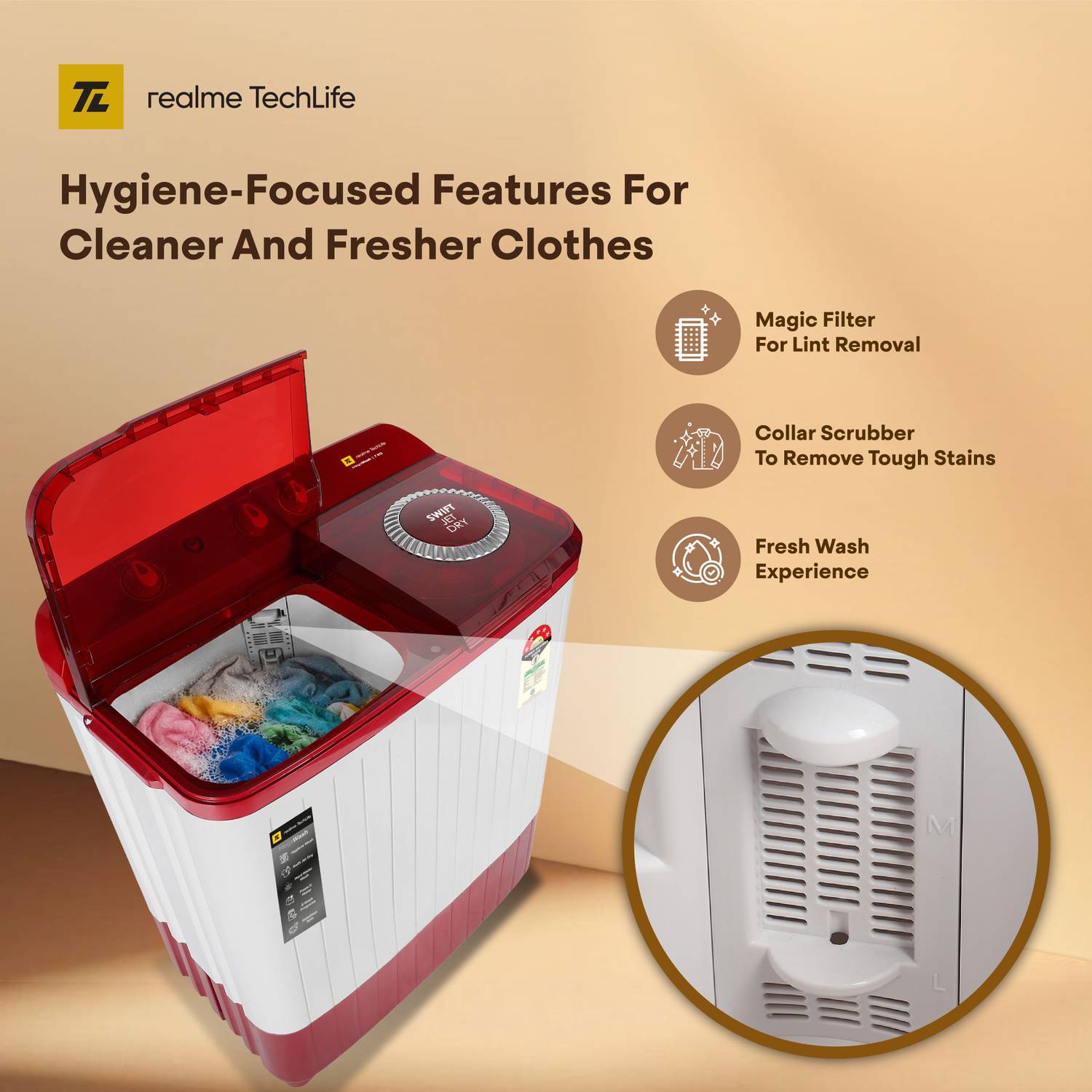 realme TechLife 7 kg Semi Automatic Top Load Washing Machine Maroon - Image 5