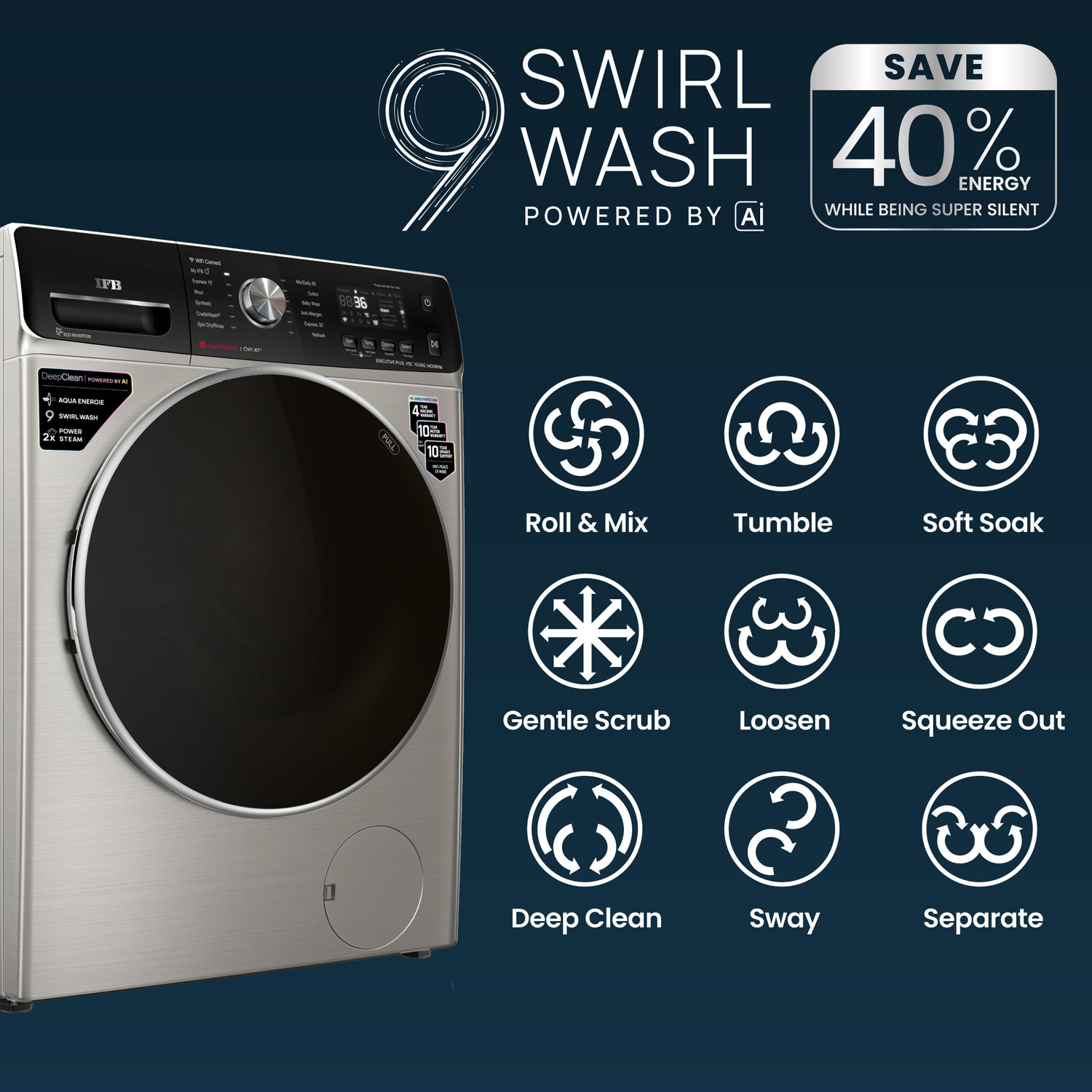Image of IFB 10 kg 5 Star with Steam Refresh program, 9 Swirl Wash, Eco Inverter, with AI Fully Automatic Front Load Washing Machine with In-built Heater Black, Silver