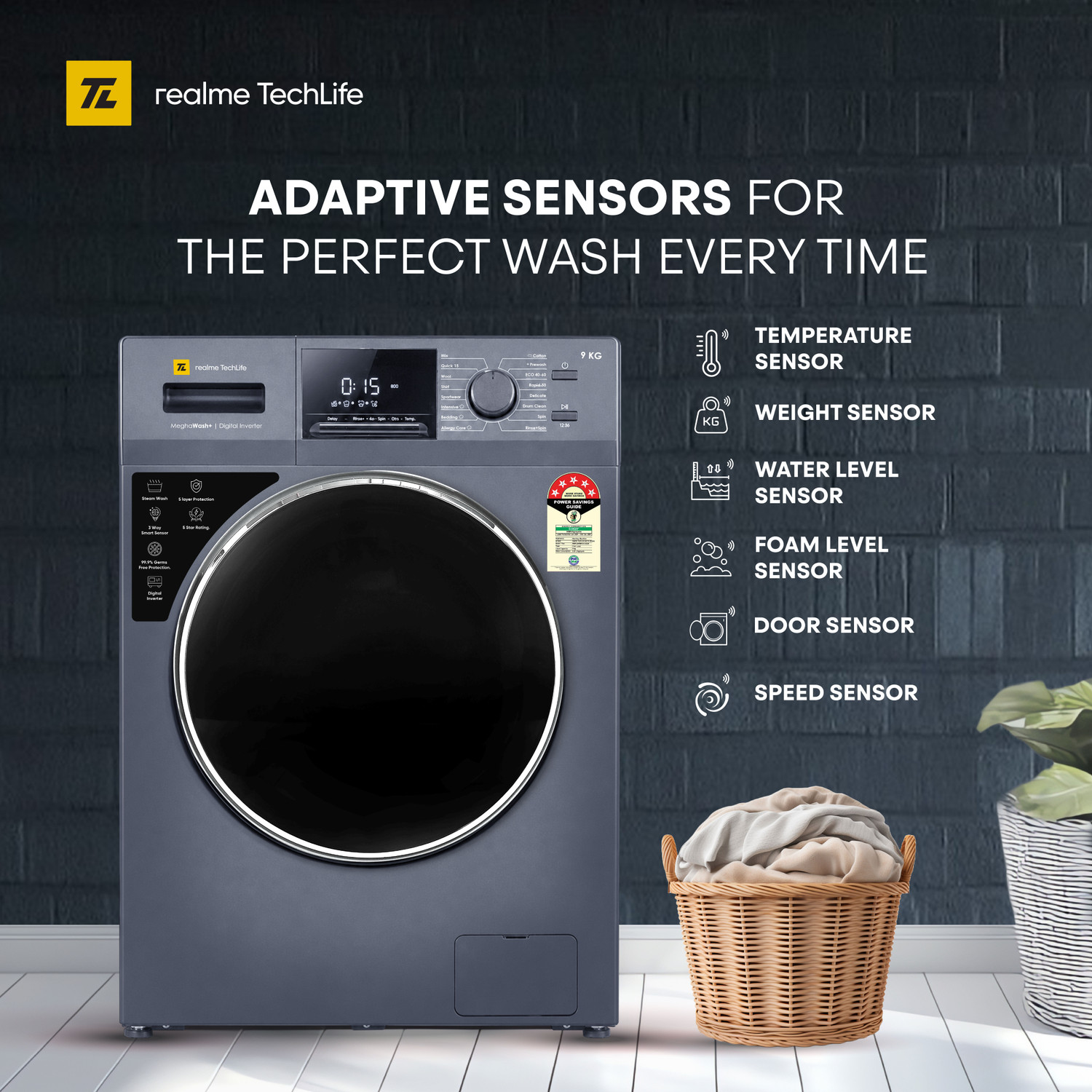 Image of realme TechLife 9 kg Fully Automatic Front Load Washing Machine with In-built Heater Blue