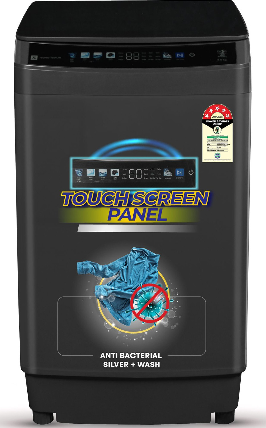 Image of realme TechLife 8.5 kg 5 Star, Touch Screen Panel with Anti-Bacterial (Silver+ Wash) Fully Automatic Top Load Washing Machine Grey