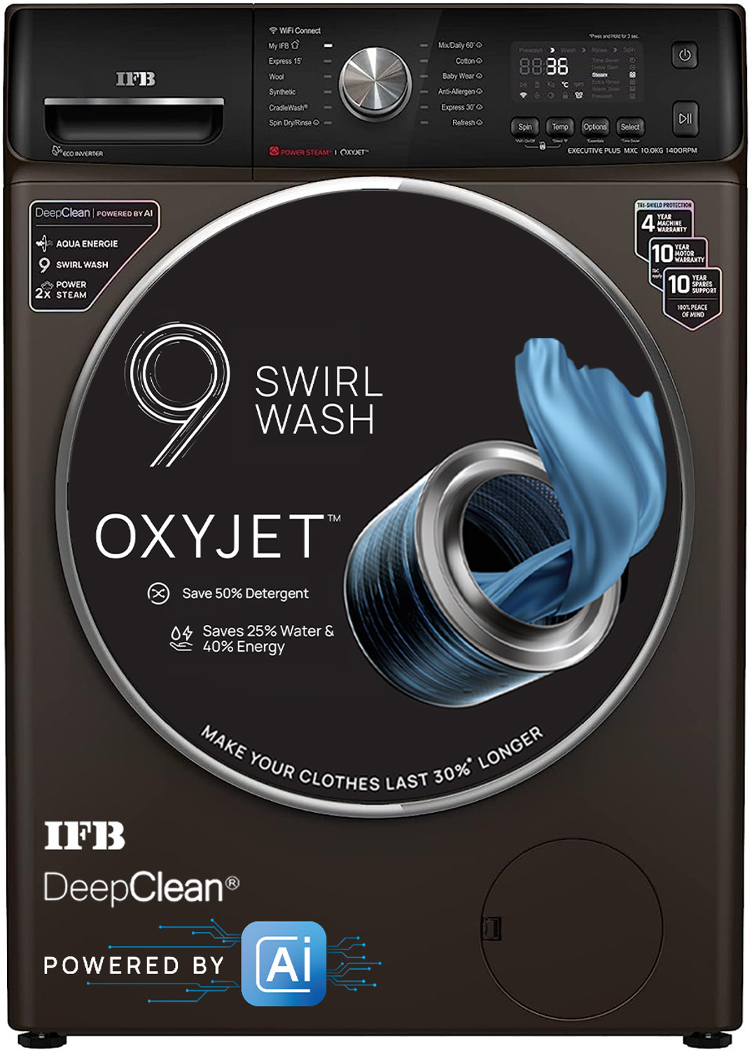 Image of IFB 10 kg with Steam 5 Star AI Powered Eco Inverter with Wi-Fi EnabledOxyjet 9 Swirl Wash, Fully Automatic Front Load Washing Machine with In-built Heater Brown