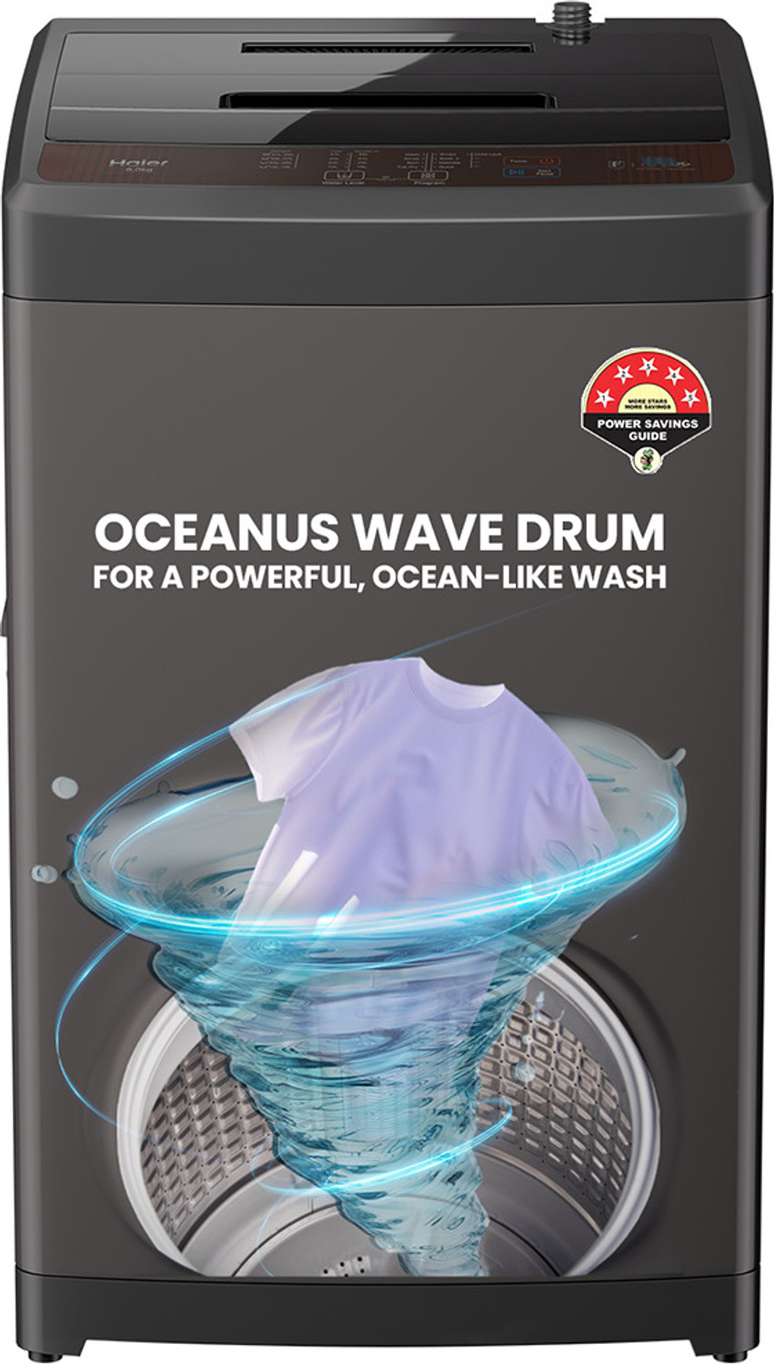 Image of Haier 8 kg With Ultra Fresh Air Technology, Oceanus Wave Steel Drum, Balance Clean Pulsator, Custom Wash Cycles with 15 Mins Quick Wash, Magic Filter Fully Automatic Top Load Washing Machine Grey, Black