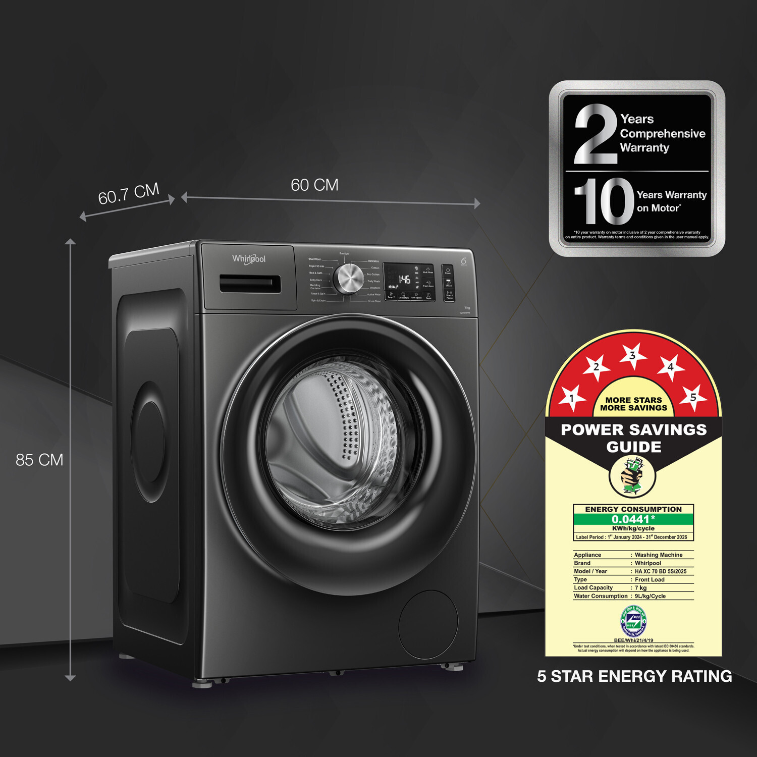Image of Whirlpool 7 kg 5 Star Inverter 100+ Tough Stains, Steam Technology, Fully Automatic Front Load Washing Machine with In-built Heater Grey