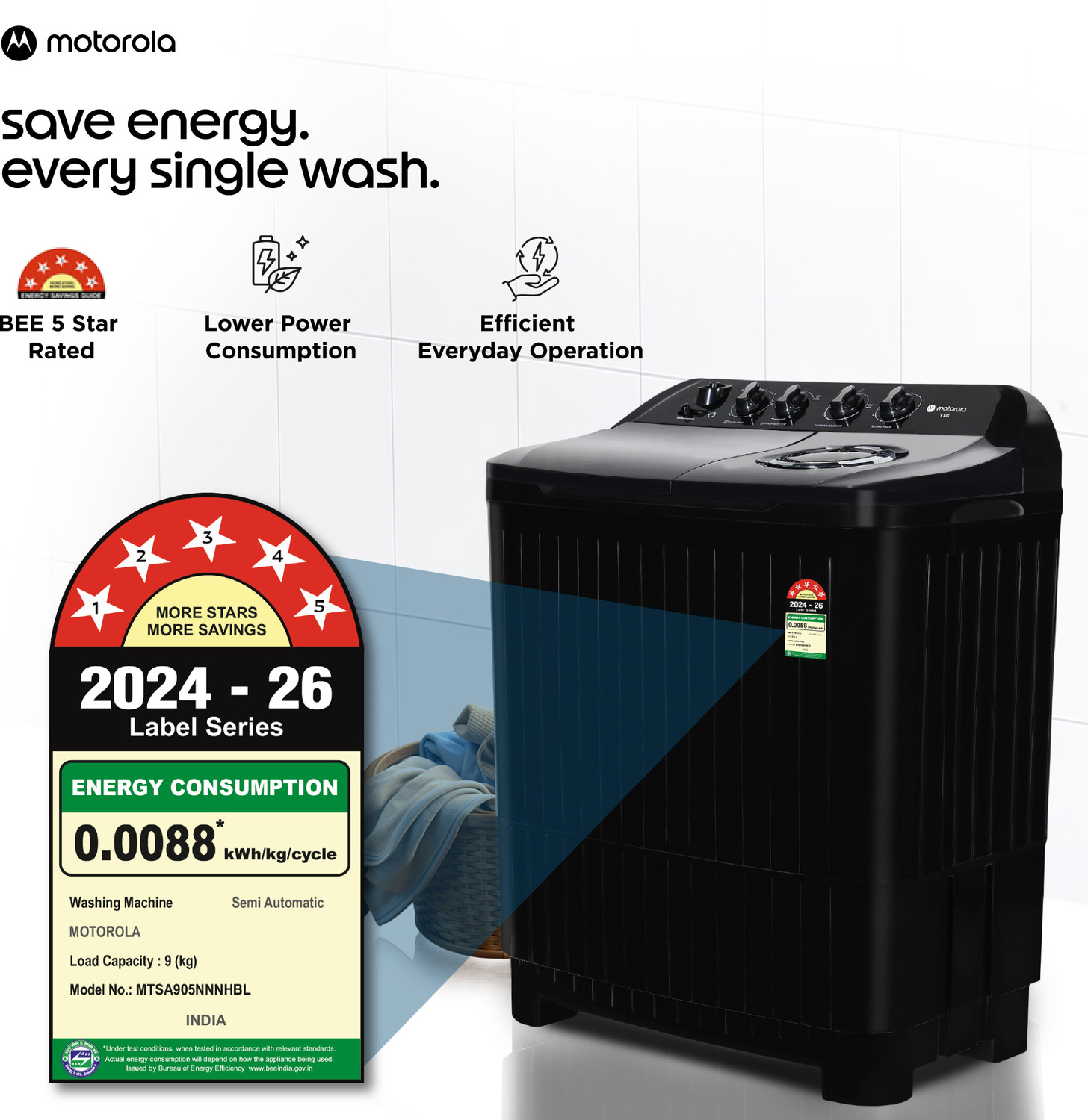 Image of MOTOROLA 9 kg Semi Automatic Top Load Washing Machine Black