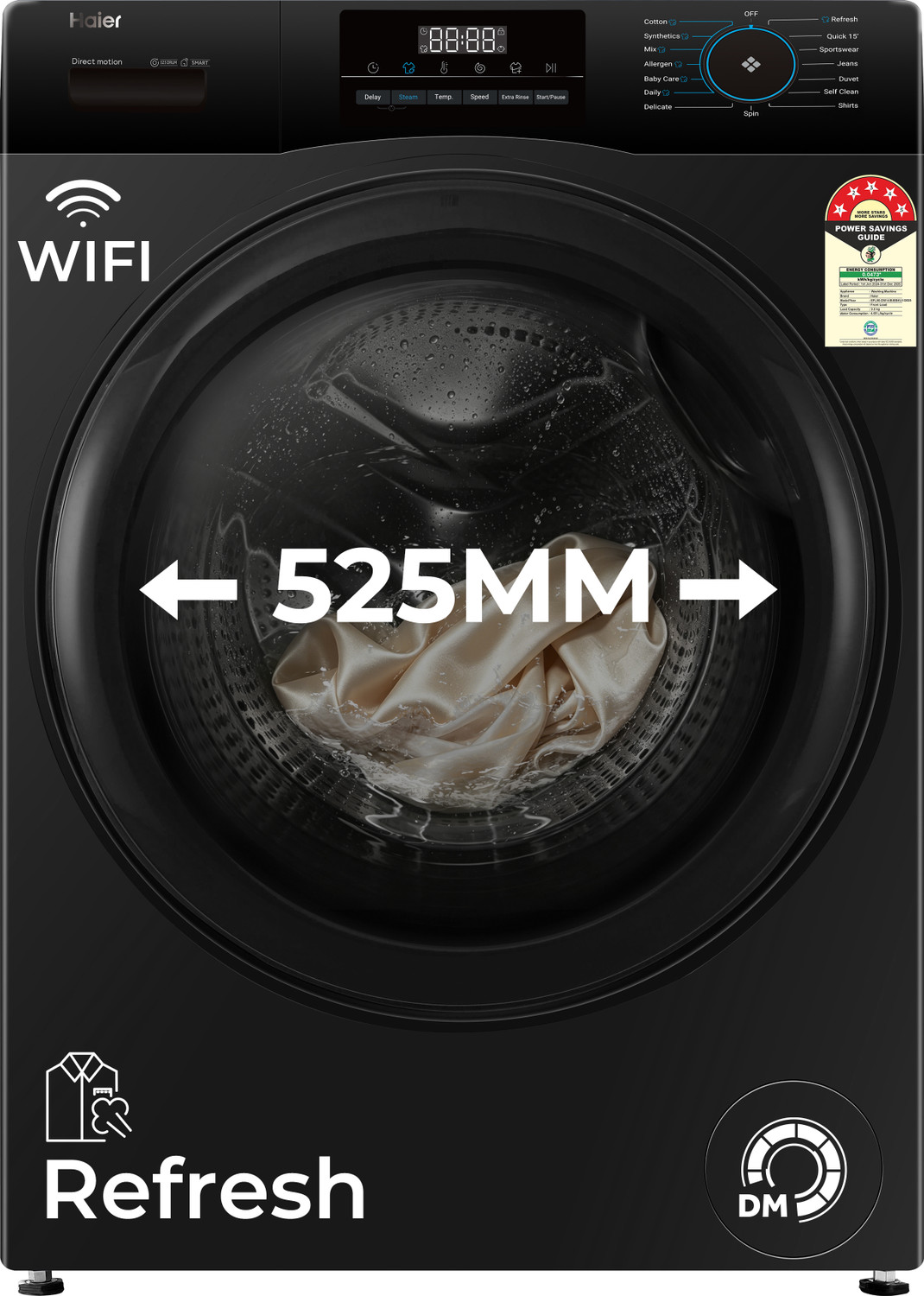 Image of Haier 9 kg 5 Star, AI Smart LIFE+, Vibrant Touch Panel, Fabric Care with Stain Pro Technology, Hygienic Care, ABT, 525 mm Super Drum, Refresh, Direct Motion Motor, WiFi enabled Fully Automatic Front Load Washing Machine with In-built Heater Black