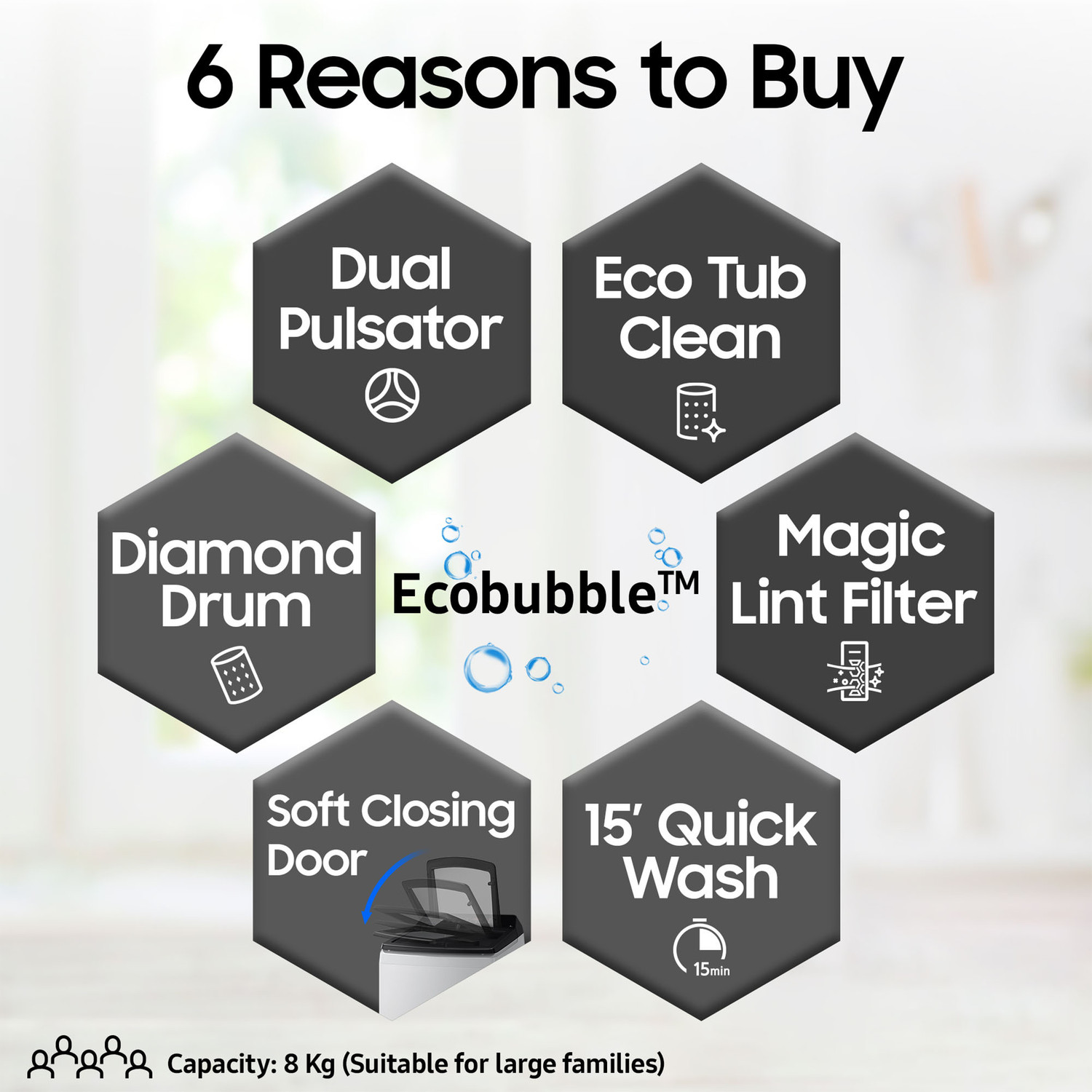 Image of Samsung 8 kg 5 star, Ecobubble, Soft Closing Door, Digital Inverter Fully Automatic Top Load Washing Machine Grey