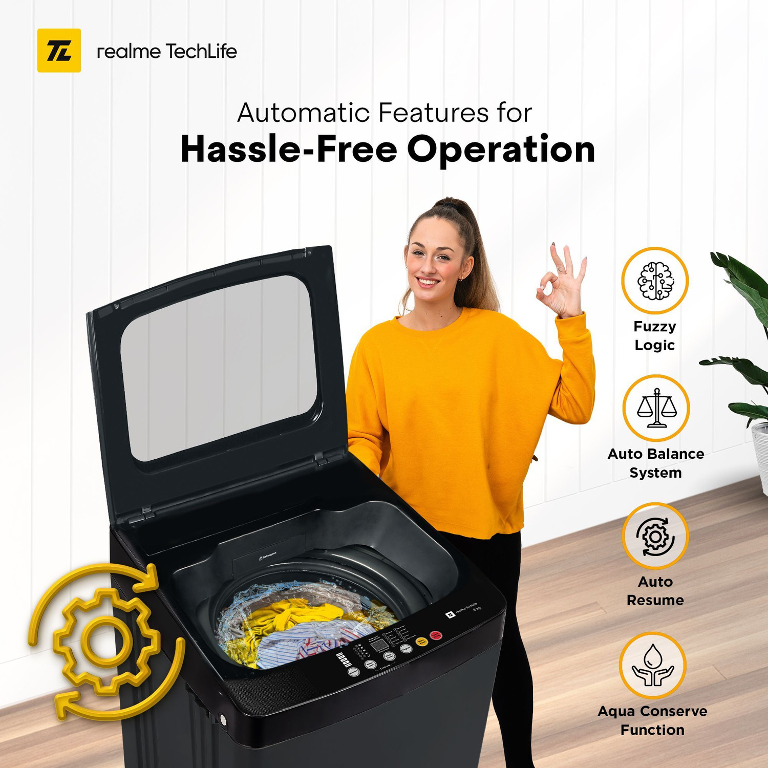 Image of realme TechLife 8 kg 5 Star Rating Fabric Safe Wash Fully Automatic Top Load Washing Machine Grey