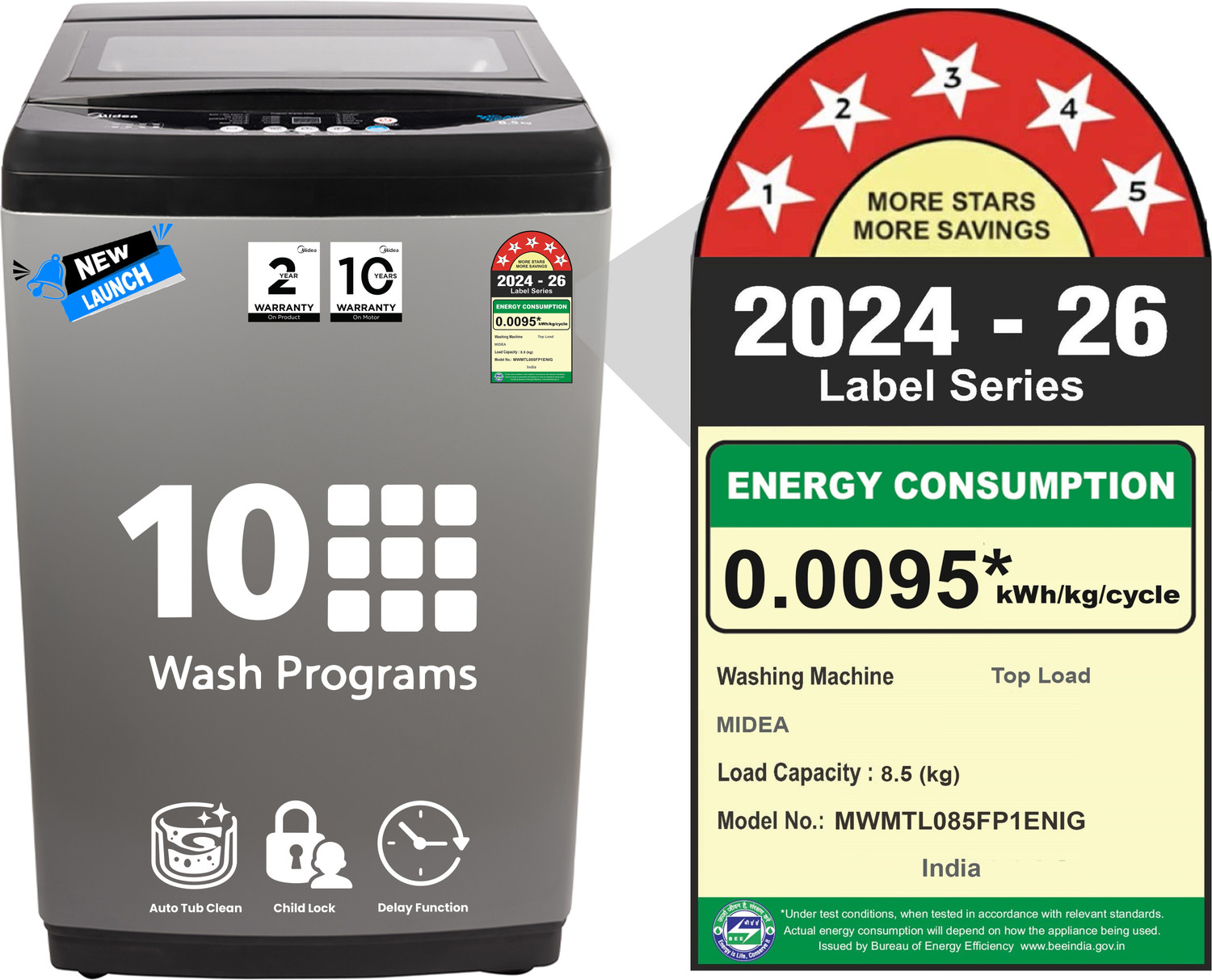 Image of Midea 8.5 kg Fully Automatic Top Load Grey (MWMTL085FP1ENIG)