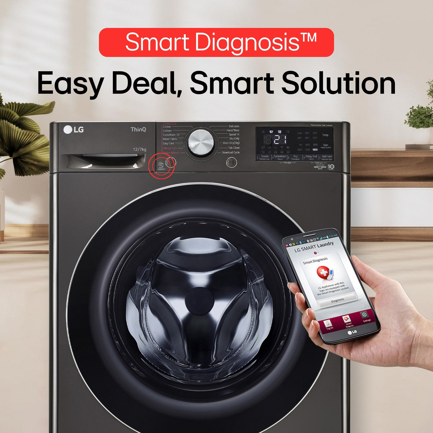 Image of LG 12 /7 kg Washer with Dryer AI Direct Drive Technology, Wi-Fi Enabled , Reduce allergens & wrinkles with Steam+ cycles, TurboWash Ready to Wear Clothes, Optimal wash for different fabrics & In-built Heater, Fully Automatic with In-built Heater Black