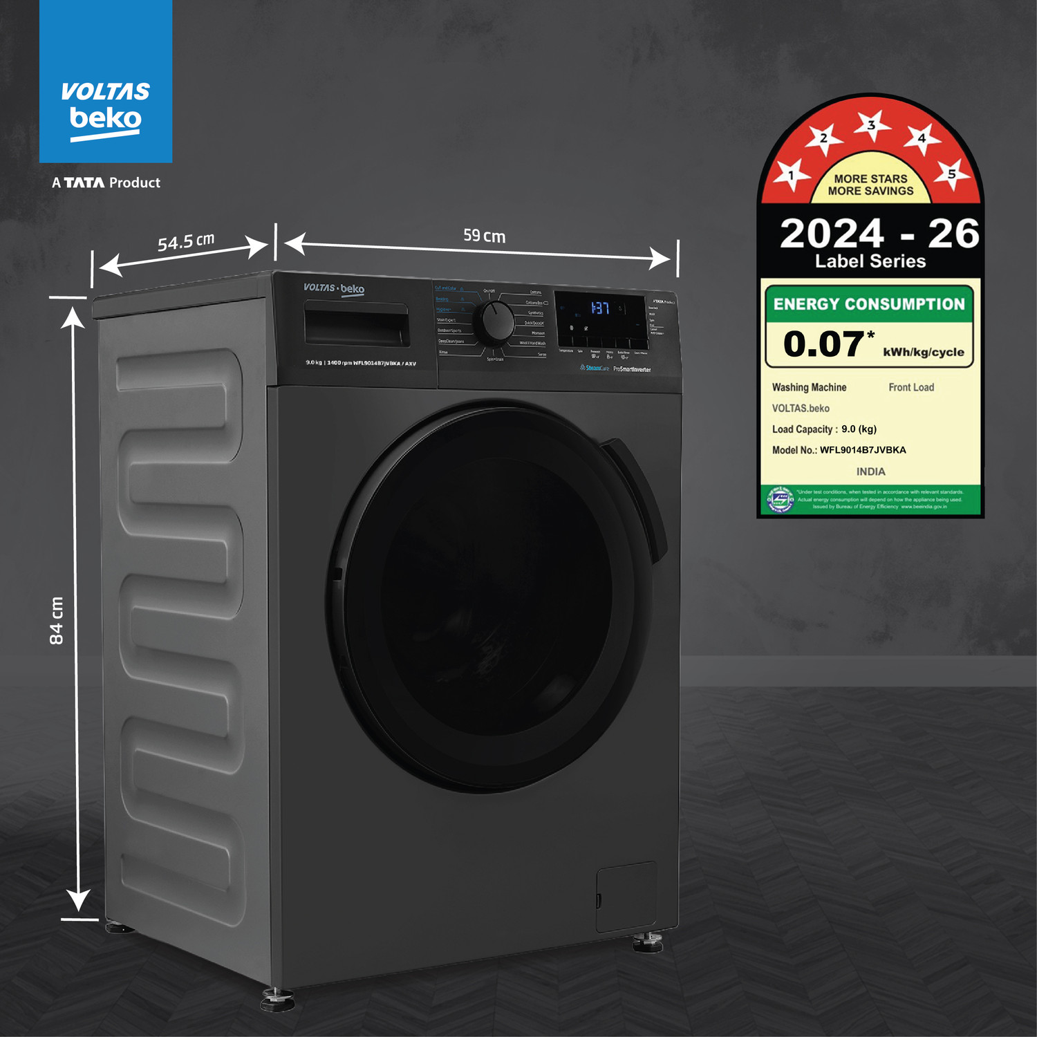 Image of Voltas Beko 9 kg Fully Automatic Front Load Washing Machine with In-built Heater Grey