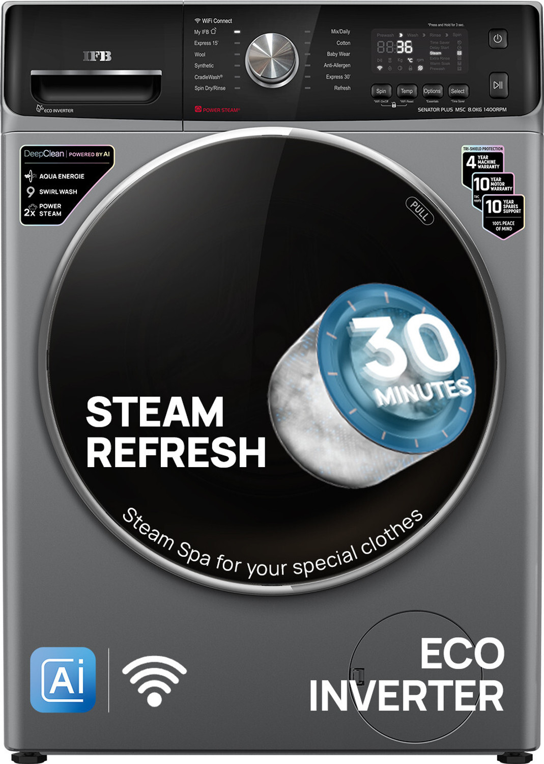 Image of IFB 8 kg 5 Star with Steam Refresh Program, 9 Swirl wash, Eco Inverter, Powered by AI with WiFi Fully Automatic Front Load Washing Machine with In-built Heater Silver, Black