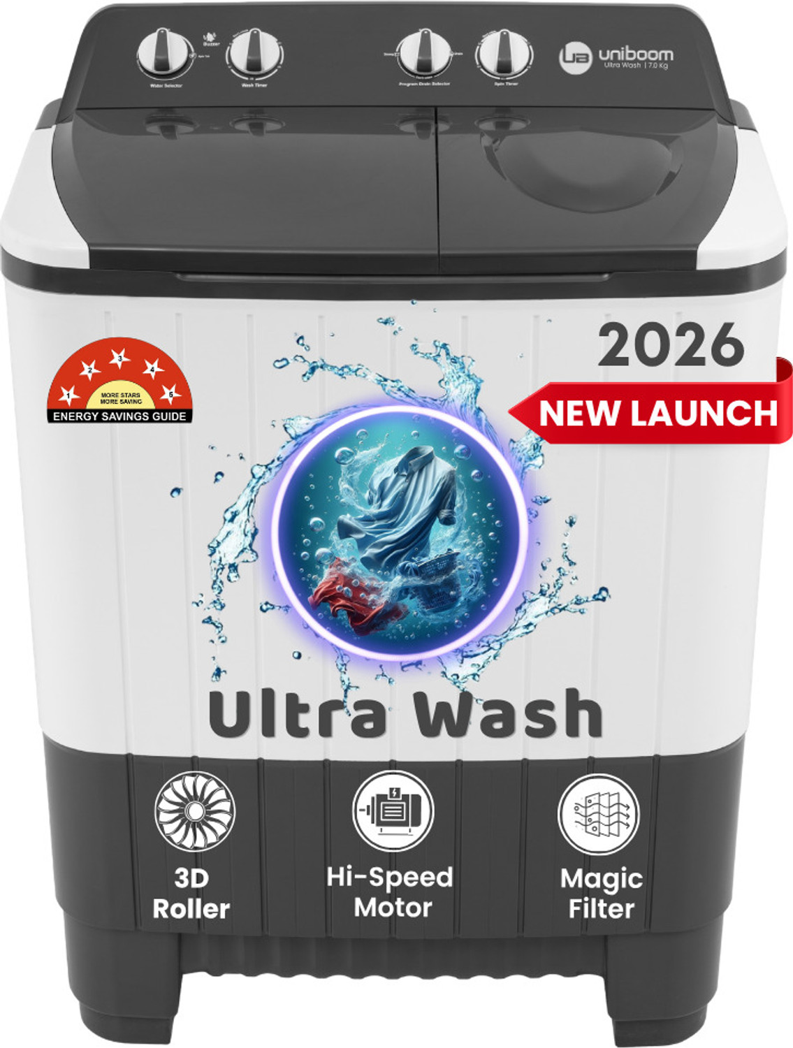 Image of Uniboom 7 kg Ultra Wash | Jet Dryer | Portable Wheels | Buzzer | Sleek Design | Magic Filter | Heavy Duty Motor Semi Automatic Top Load Washing Machine Grey, White