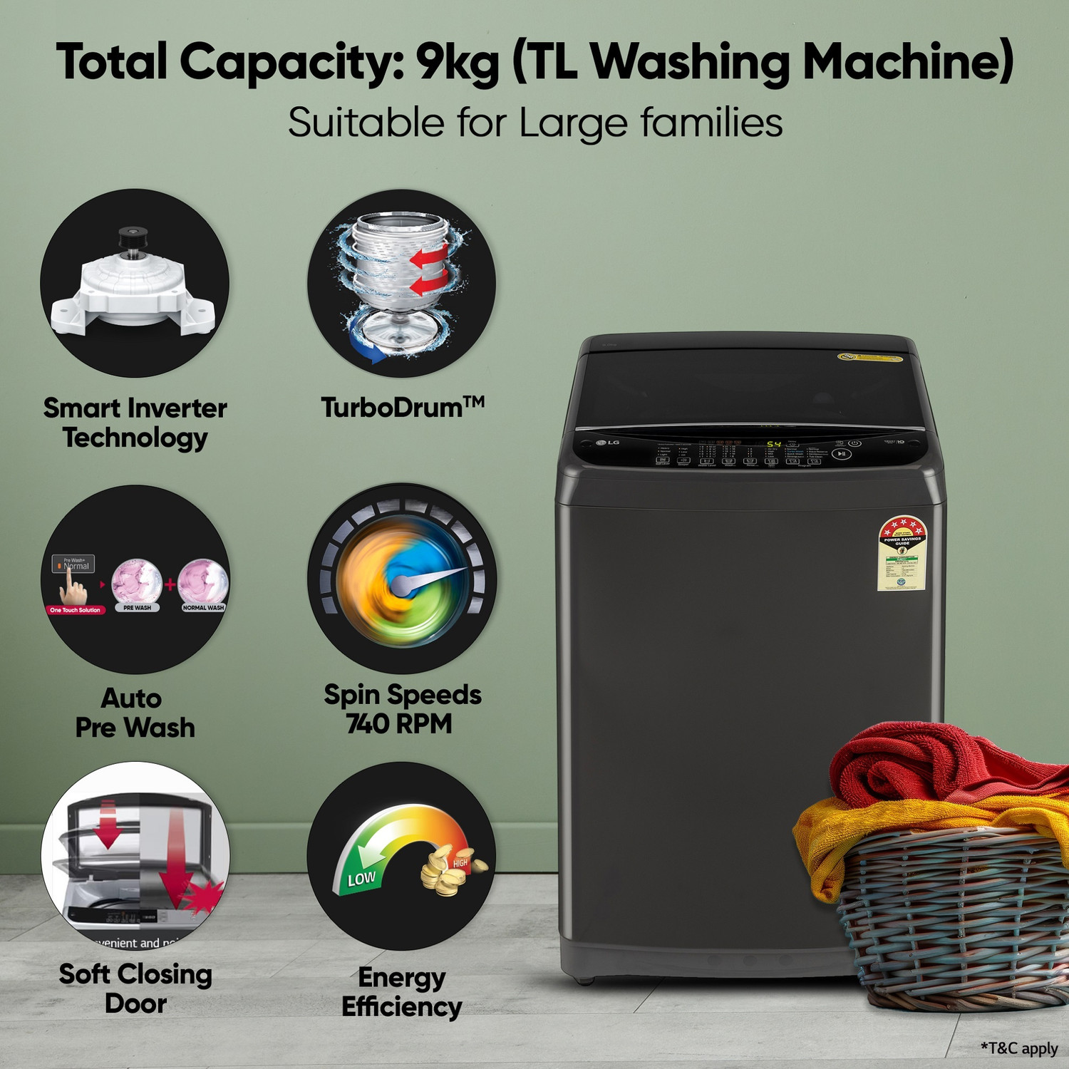 Image of LG 9 kg 5 Star, Smart Inverter Technology, TurboDrum, Jetspray+, Turbowash, Smart Diagnosis, Soft Closing Door, tub cleaning after every wash cycle Fully Automatic Top Load Washing Machine Black, Grey
