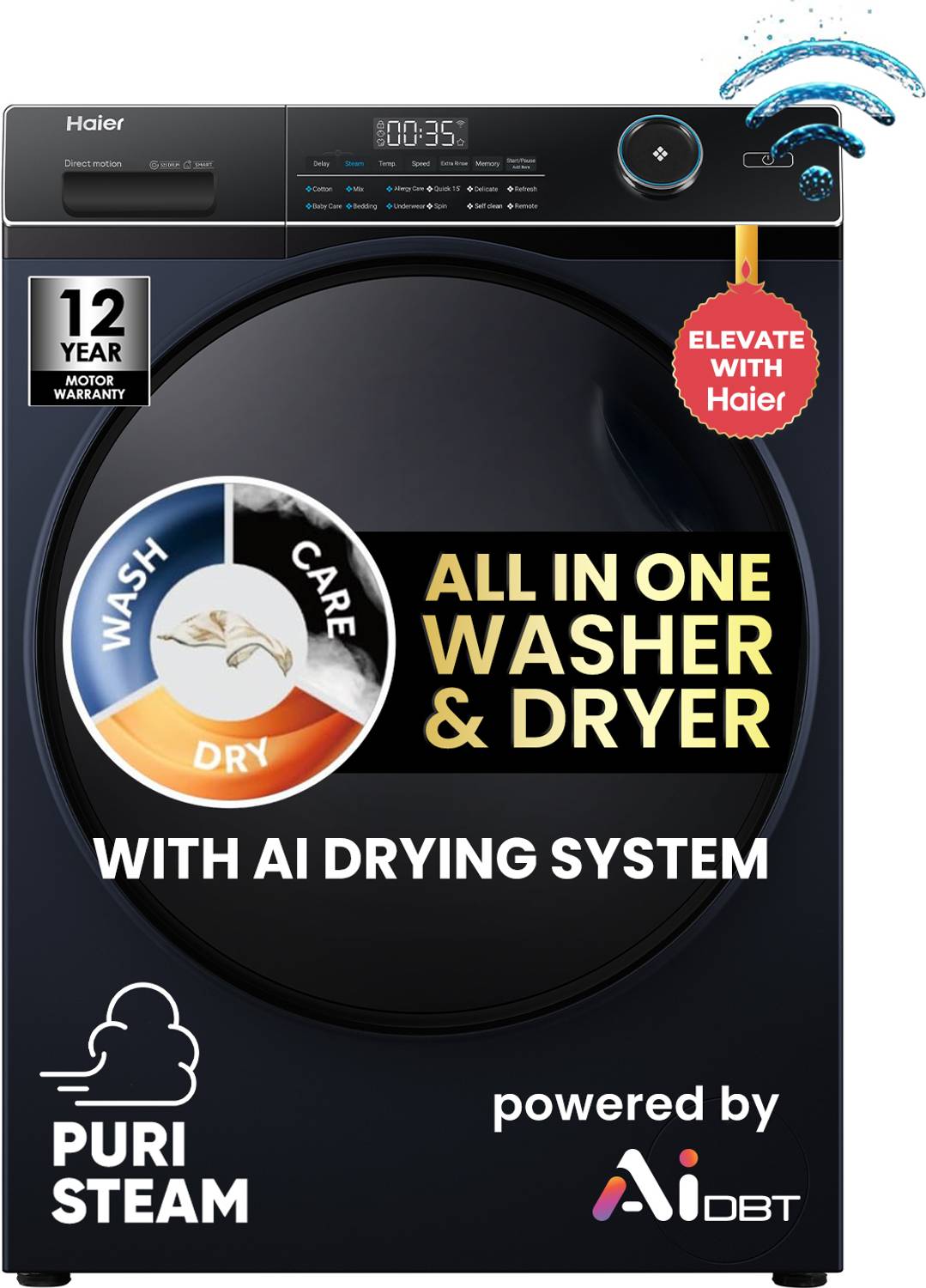 Haier 11 kg 11/7 Kg 5 Star with AI Smart Wash, PuriSteam, i-Refresh, 525 mm Super Drum, Direct Motion Motor, Inbuilt Heater, WiFi Enabled, Washer & Dryer Fully Automatic Front Load Washing Machine with In-built Heater Black