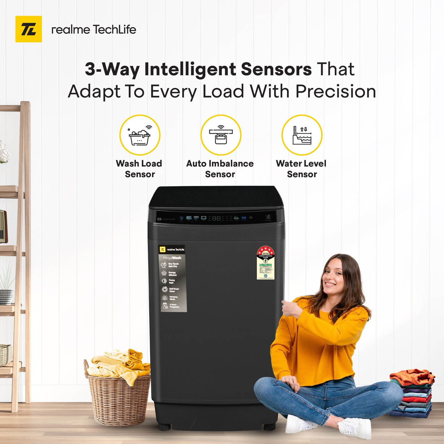 Image of realme TechLife 8.5 kg 5 Star, Touch Screen Panel with Anti-Bacterial (Silver+ Wash) Fully Automatic Top Load Washing Machine Grey