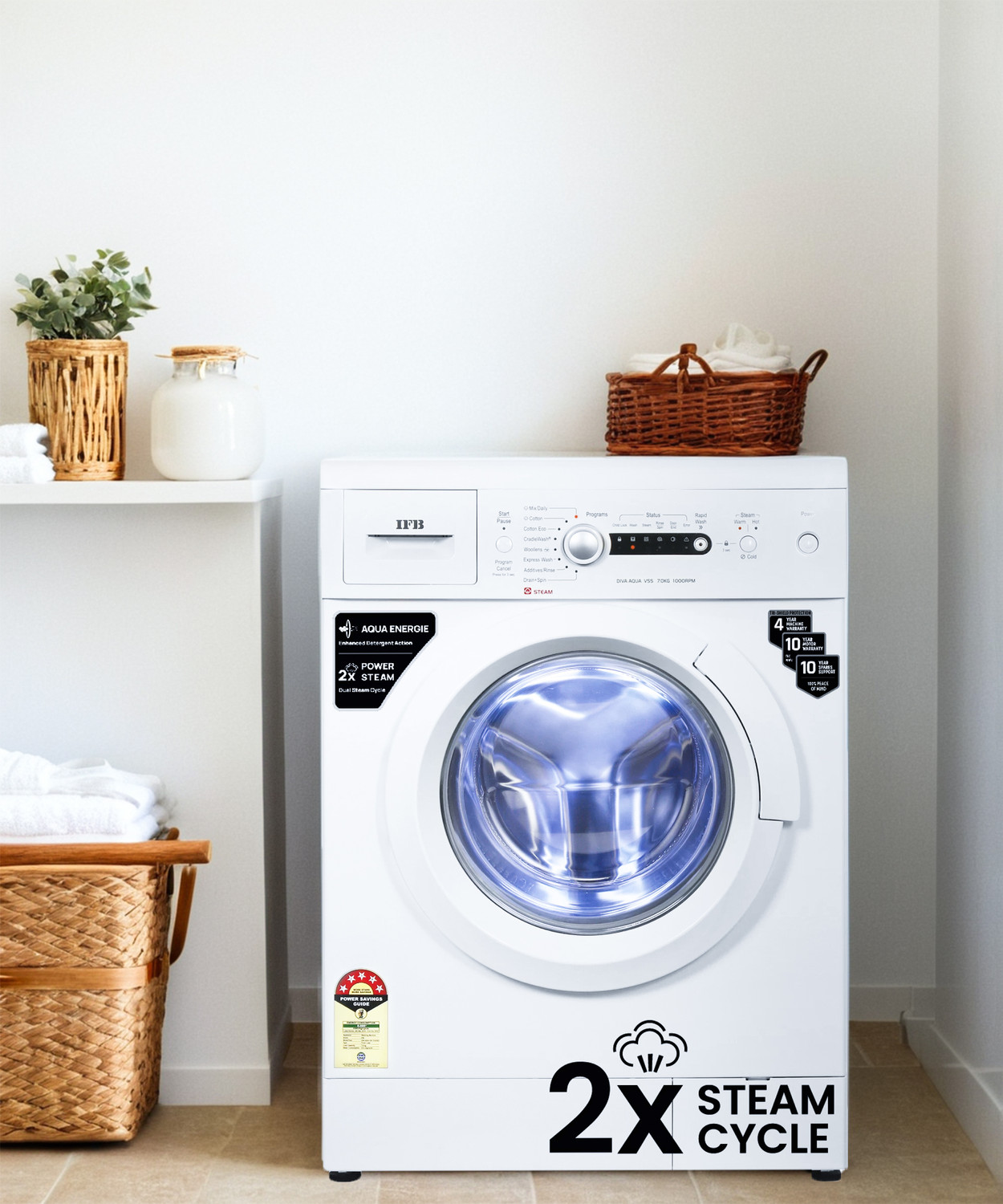 Image of IFB 7 kg 5 Star 2X Power Steam,Hard Water Wash Fully Automatic Front Load Washing Machine with In-built Heater White