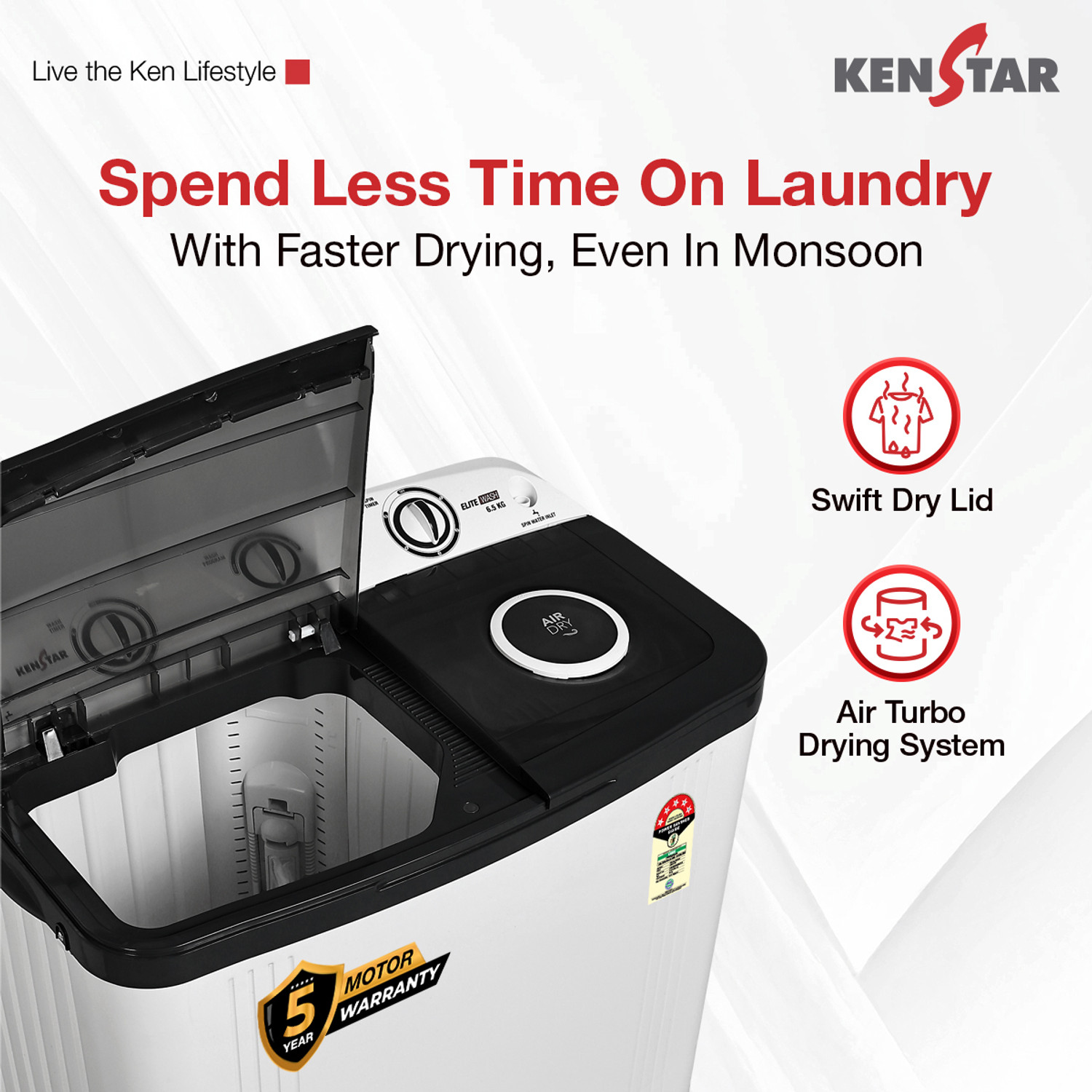 Image of Kenstar 6.5 Kg Swift Dry Lid Semi Automatic Top Load Washing Machine White, Grey