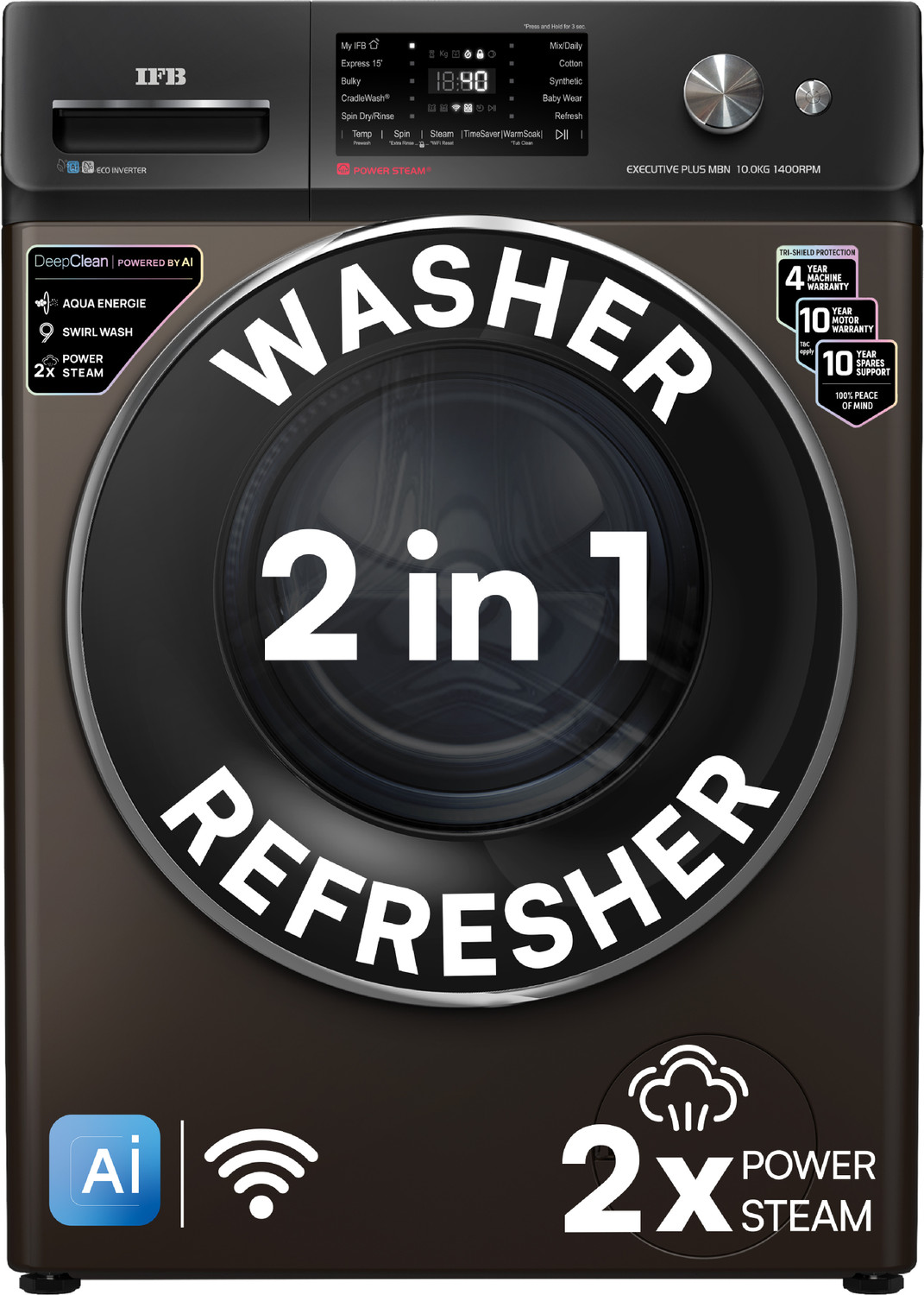 Image of IFB 10 kg 5 Star with Steam Refresh Program, 9 Swirl wash, Eco Inverter, Powered by AI with WiFi Fully Automatic Front Load Washing Machine with In-built Heater Brown
