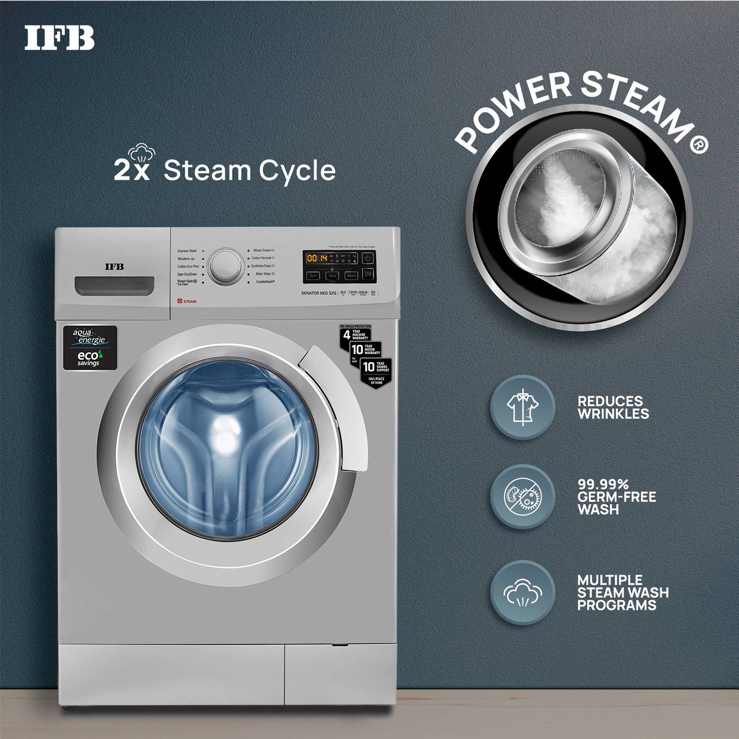 Image of IFB 8 kg Powered by AI, 5 Star,� with2x Steam Cycle Fully Automatic Front Load Washing Machine with In-built Heater Silver
