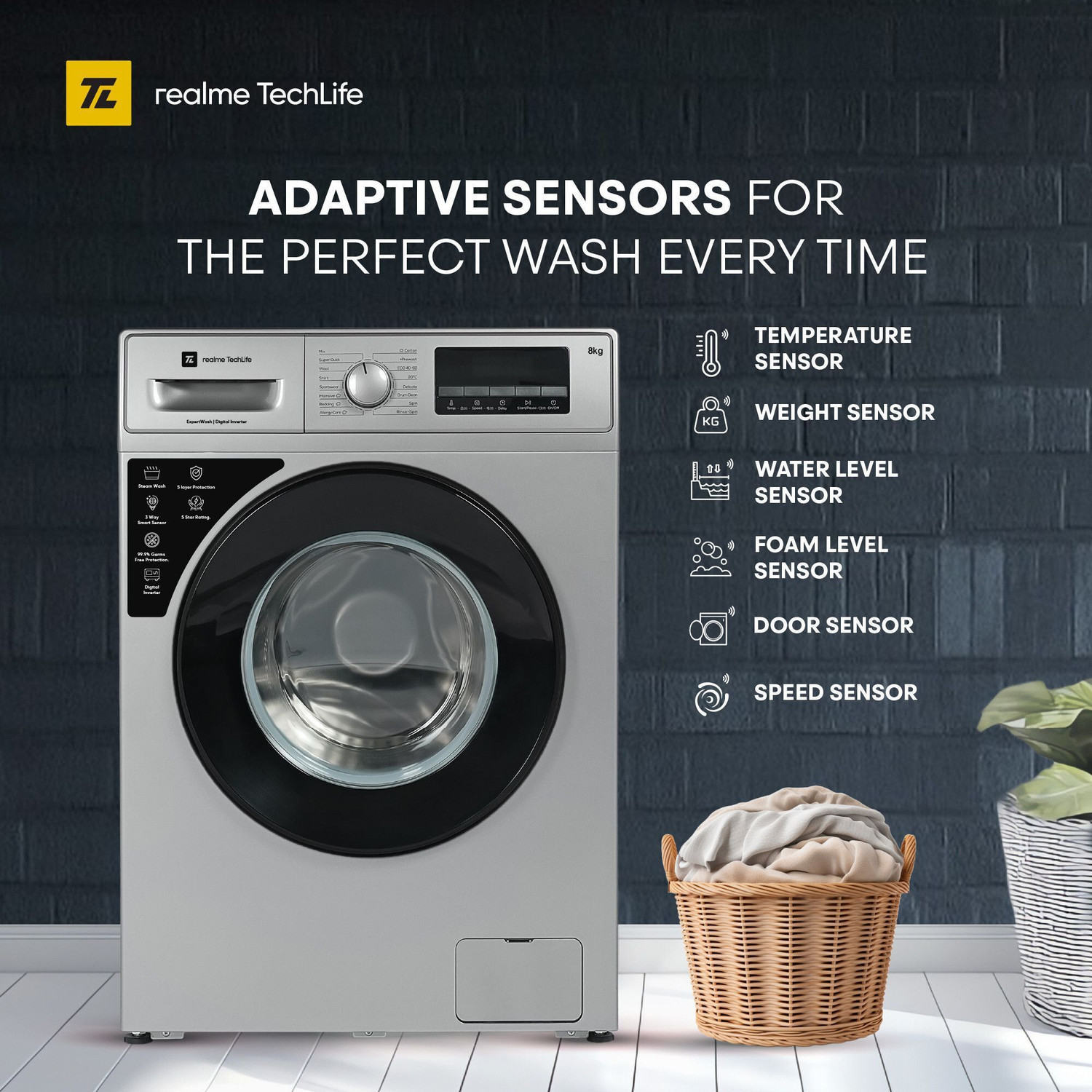 Image of realme TechLife 8 kg In-built Heater with ExpertWash Fully Automatic Front Load Washing Machine with In-built Heater Grey