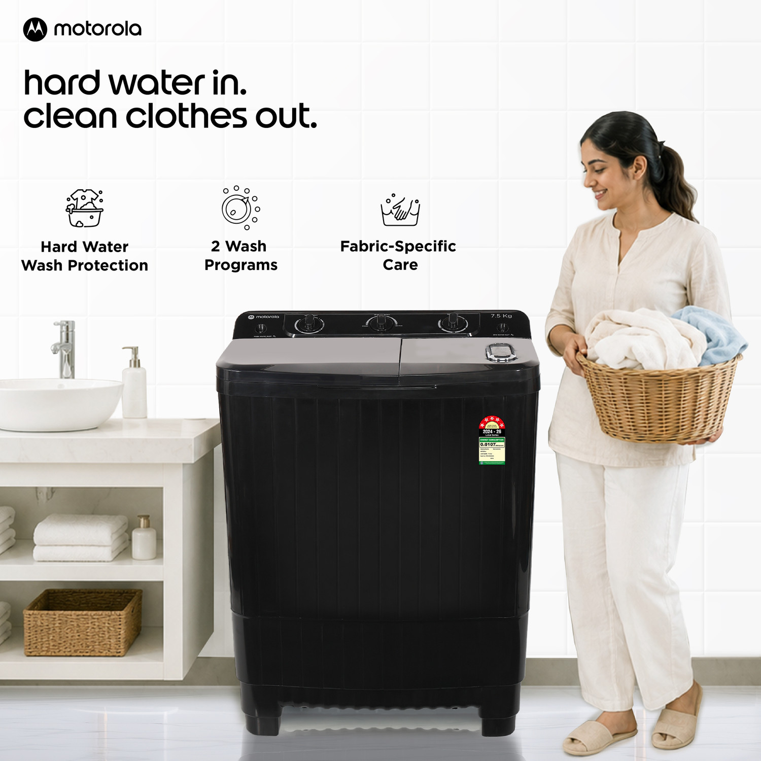Image of MOTOROLA 7.5 kg Semi Automatic Top Load Washing Machine Black