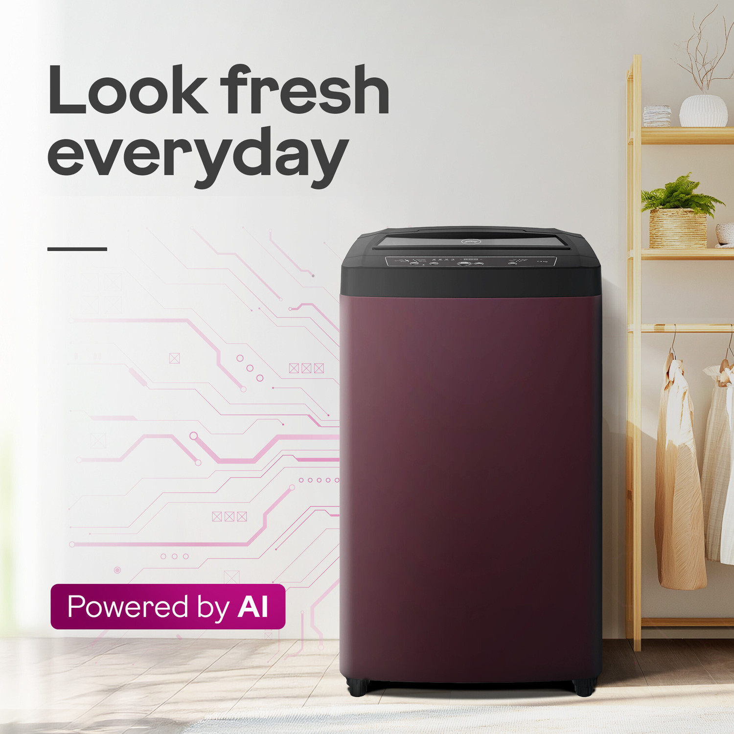 Image of Godrej 7.5 Kg 5 Star Germ Shield Technology & Roller Coaster Wash Technology Fully Automatic Top Load Washing Machine with In-built Heater Black, Maroon