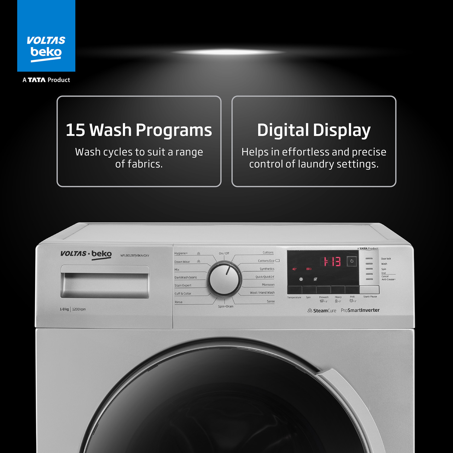 Image of Voltas Beko by A Tata Product 8 kg 5 Star Fully Automatic Front Load Washing Machine with In-built Heater Grey