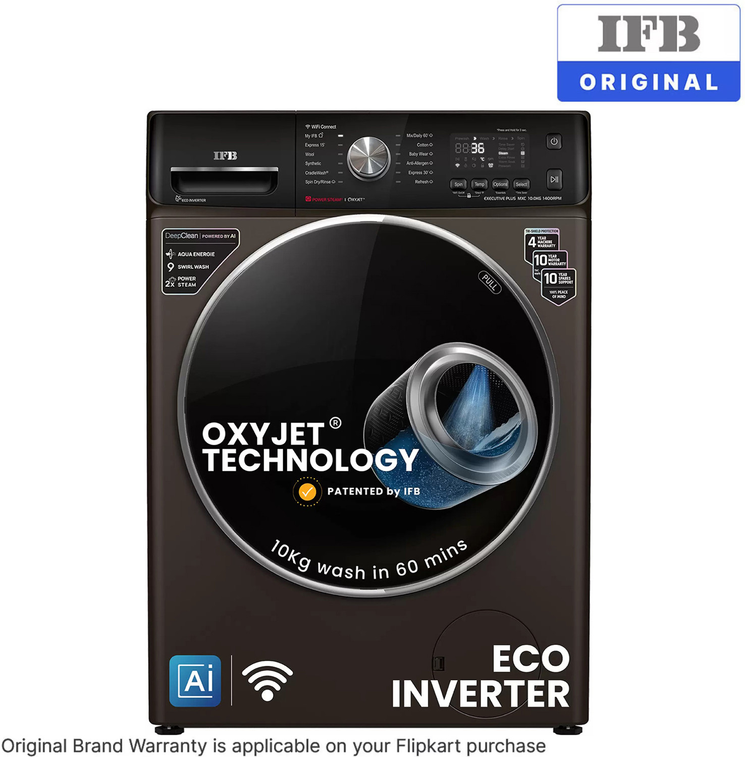 Image of IFB 10 kg 5 Star with Steam Refresh program, 9 Swirl Wash, Eco Inverter, with AI Fully Automatic Front Load Washing Machine with In-built Heater Black