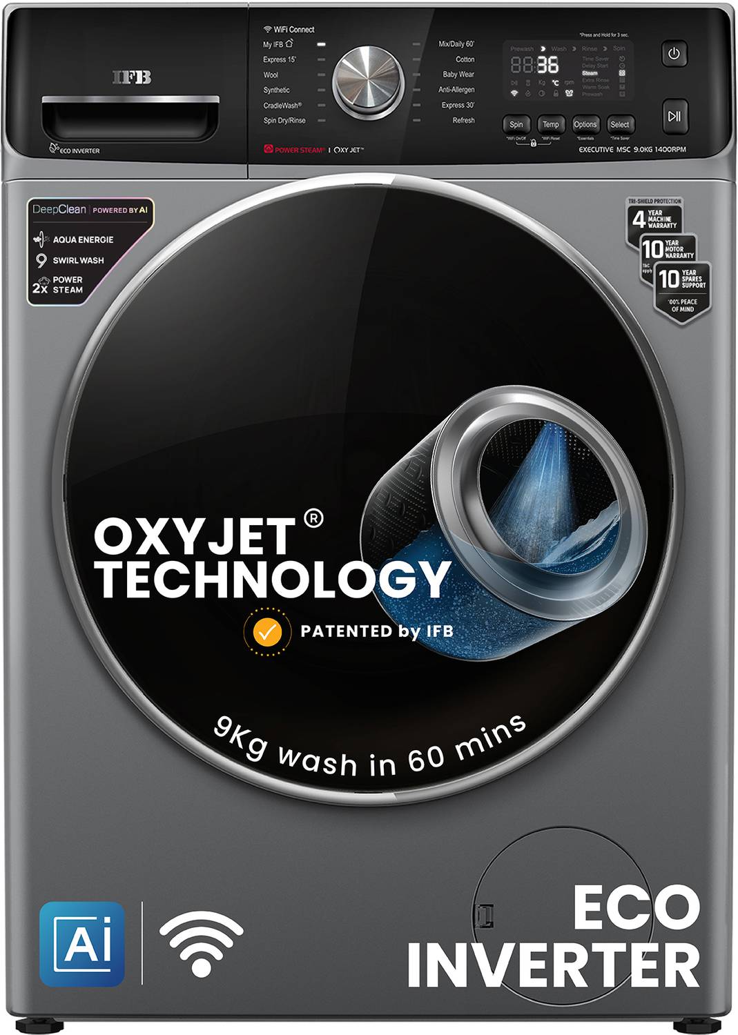 IFB 9 kg 5 Star with Steam Refresh program, 9 Swirl Wash, Eco Inverter, with AI Fully Automatic Front Load Washing Machine with In-built Heater Black, Grey