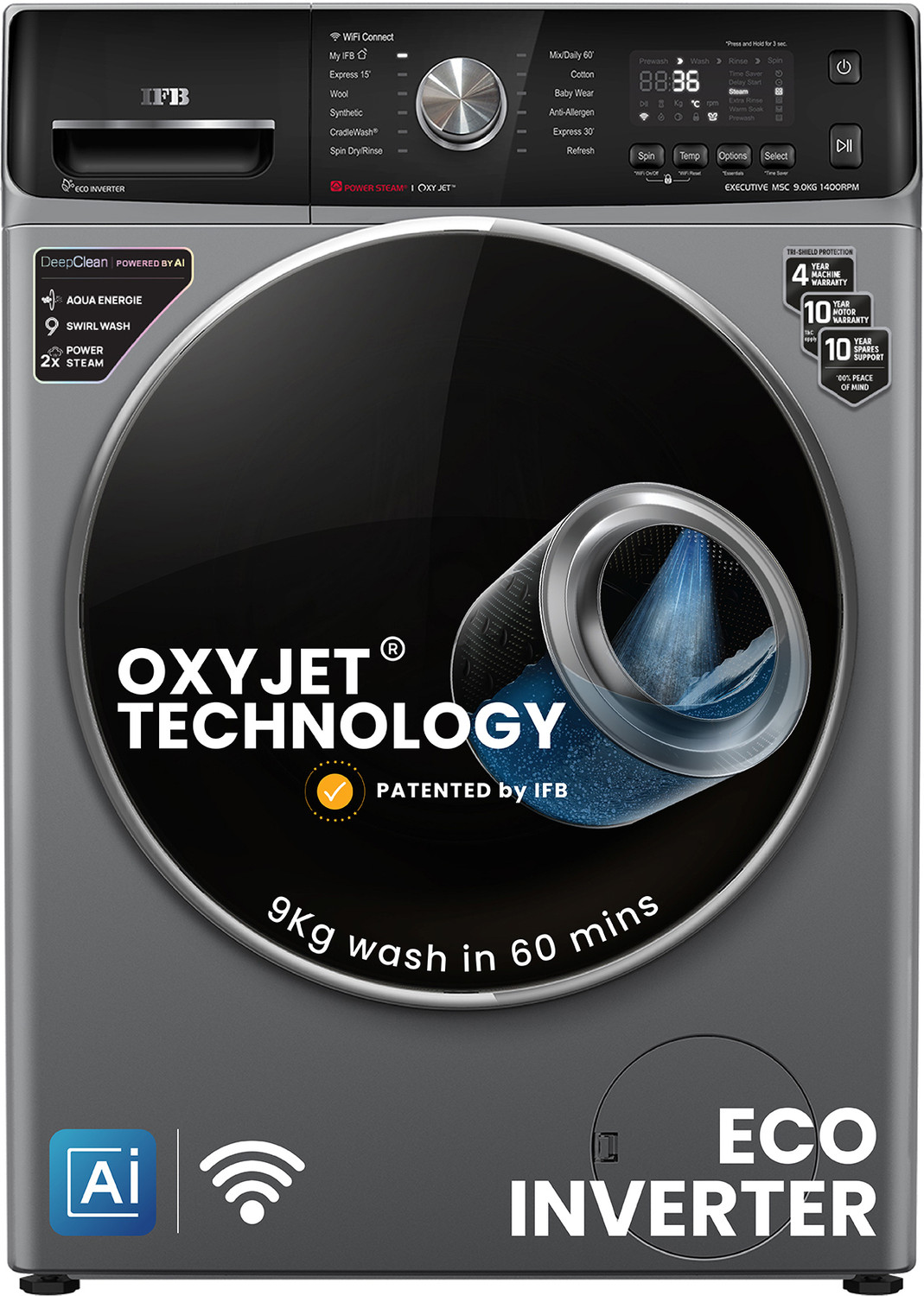 Image of IFB 9 kg 5 Star with Steam Refresh program, 9 Swirl Wash, Eco Inverter, with AI Fully Automatic Front Load Washing Machine with In-built Heater Black, Grey