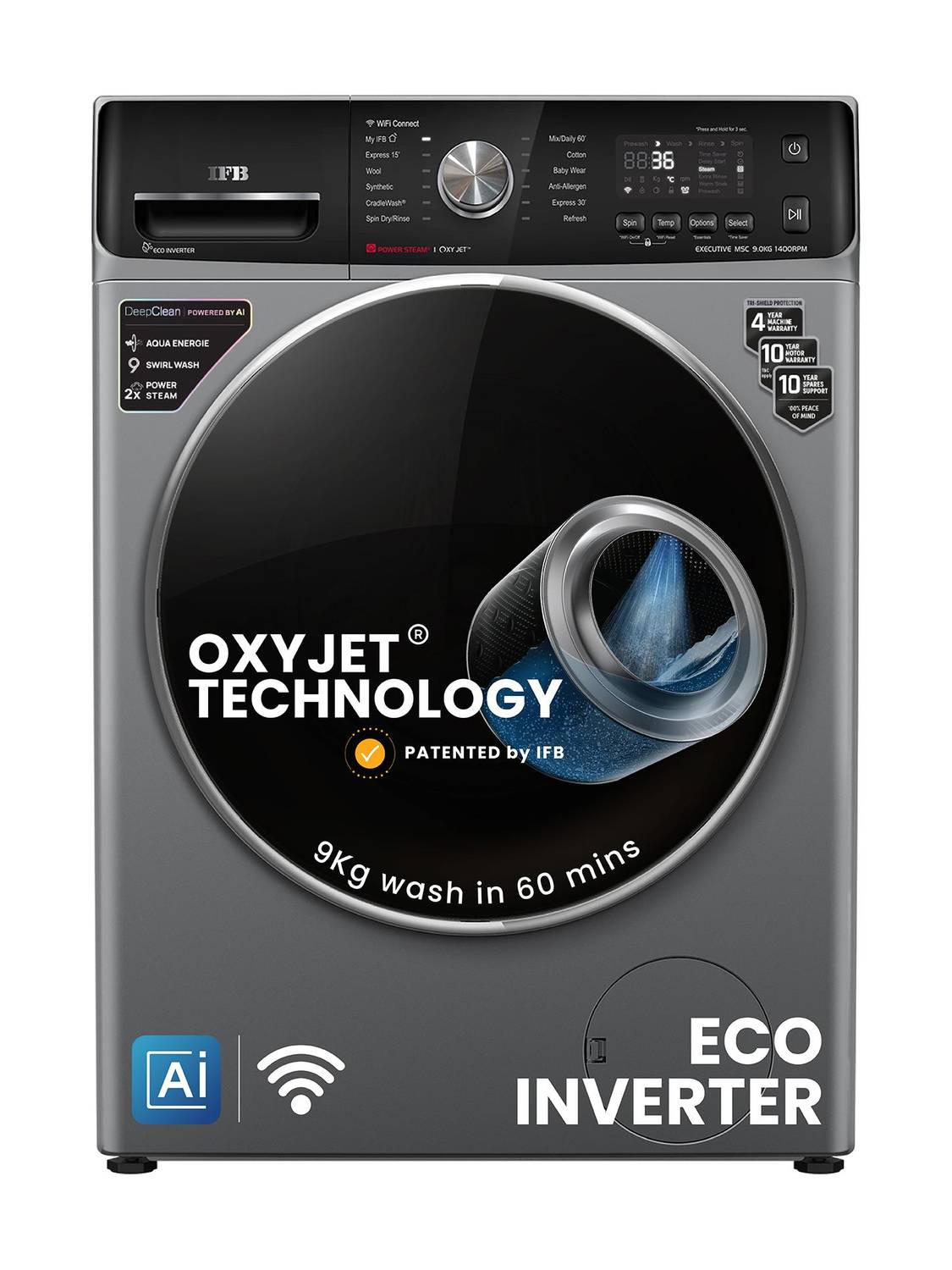 IFB 9 kg 5 Star with Steam Refresh program, 9 Swirl Wash, Eco Inverter, with AI Fully Automatic Front Load Washing Machine with In-built Heater Black, Grey
