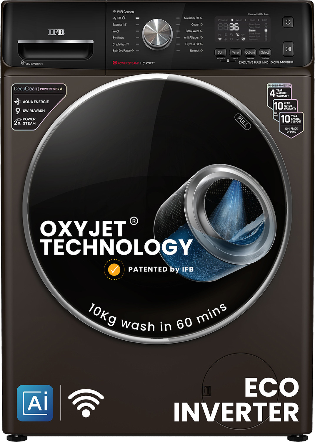 Image of IFB 10 kg 5 Star with Steam Refresh program, 9 Swirl Wash, Eco Inverter, with AI Fully Automatic Front Load Washing Machine with In-built Heater Black
