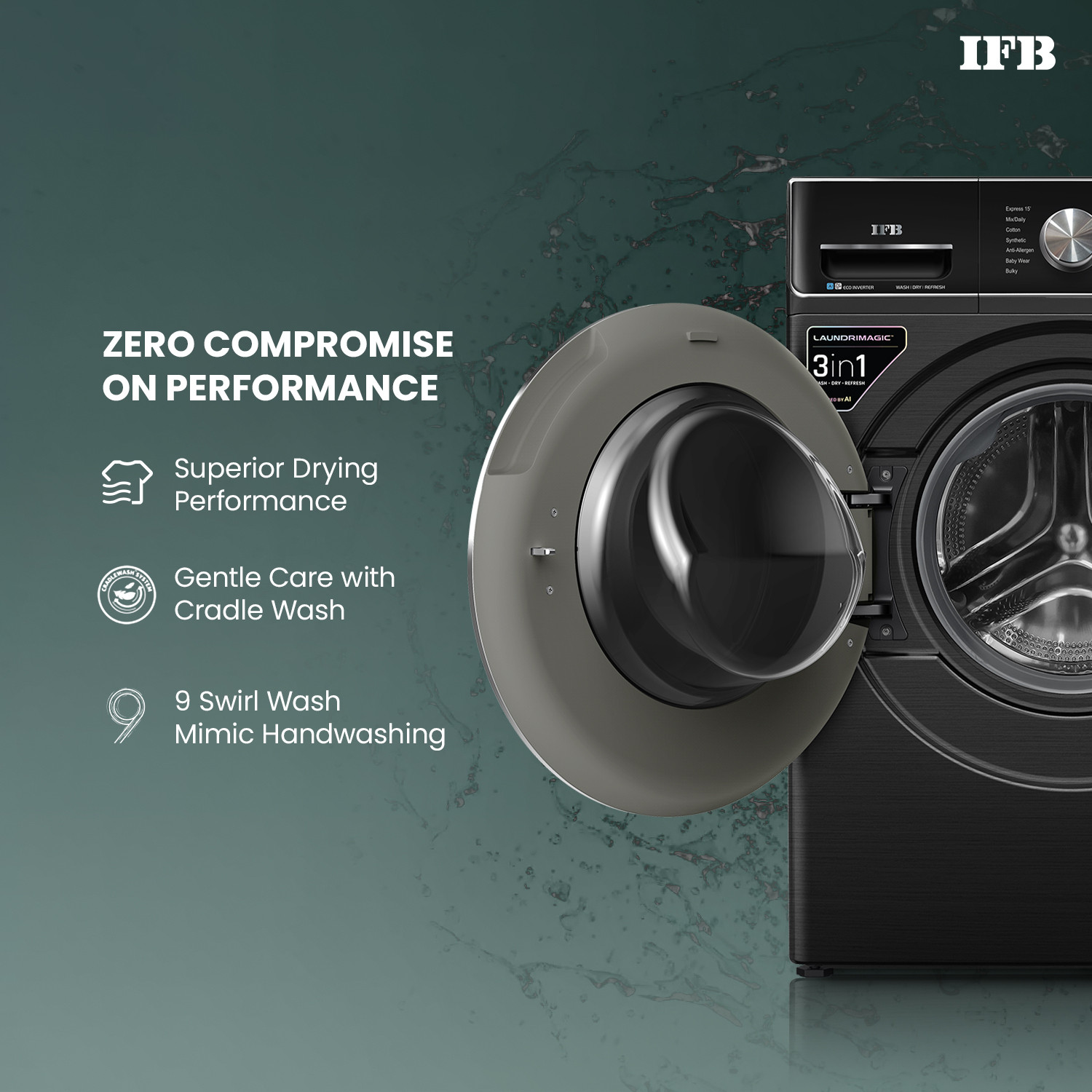 Image of IFB 11 /7 kg Washer with Dryer AI DOS - Auto Detergent Dispensing, Oxyjet Technology, 30 min Steam Refresh Program, 100% Dry Ready-to-Wear Clothes, Eco Inverter Motor, 9 Swirl Wash Mimic Handwashing, Fully Automatic with Hot Water Wash, WiFi Connectivity with In-built Heater Black