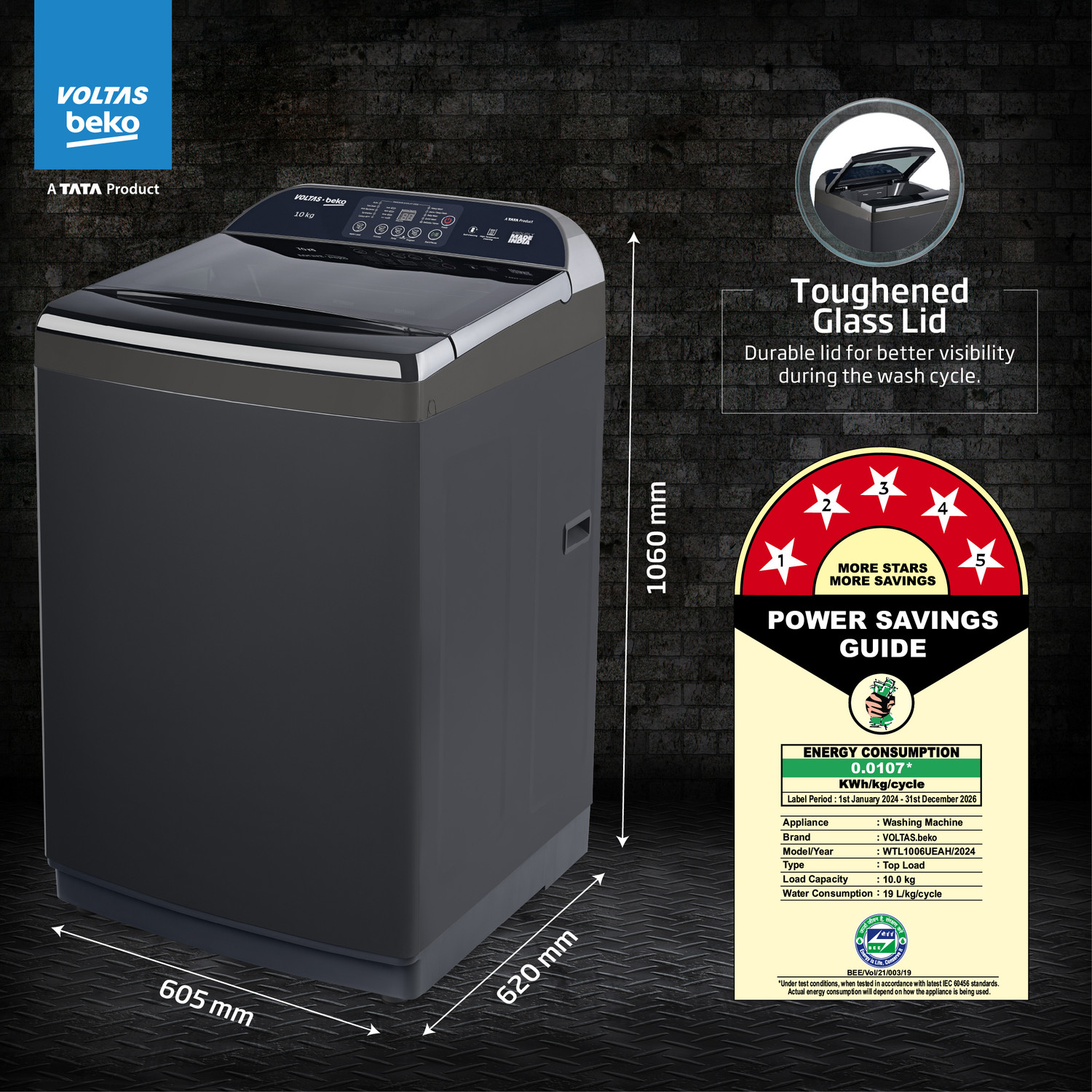 Image of Voltas Beko 10 kg Fully Automatic Top Load Washing Machine with In-built Heater Black, Grey