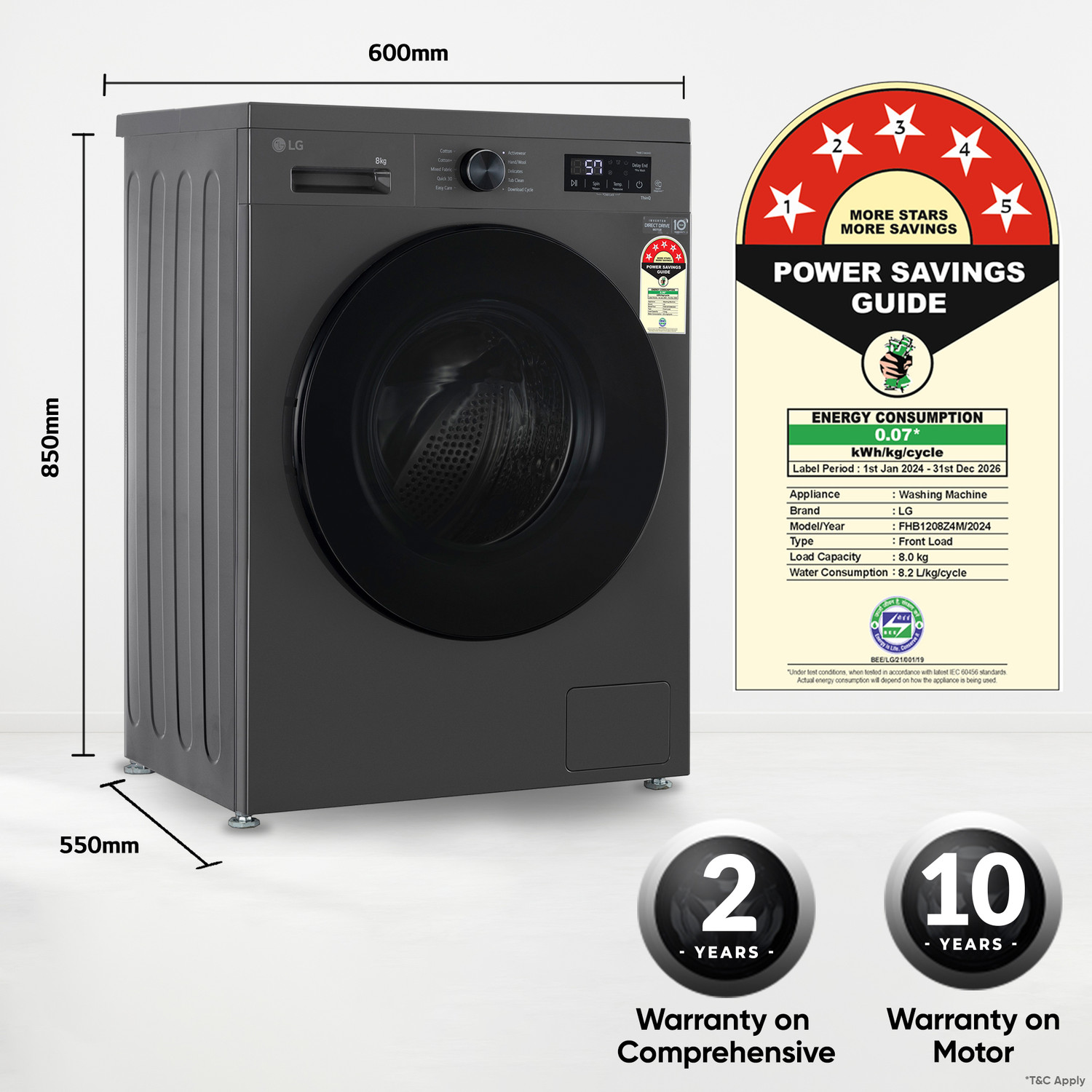 Image of LG 8 kg 5 Star, Inverter Direct Drive Technology, Wi-Fi Enabled, 6 Motion DD, Steam Fully Automatic Front Load Washing Machine with In-built Heater Grey, Black
