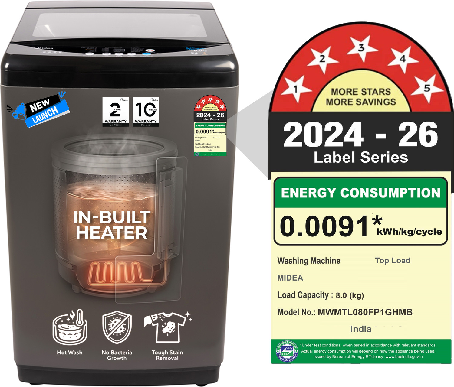 Image of Midea 8 kg Fully Automatic Top Load with In-built Heater Black (MWMTL080FP1GHMB)