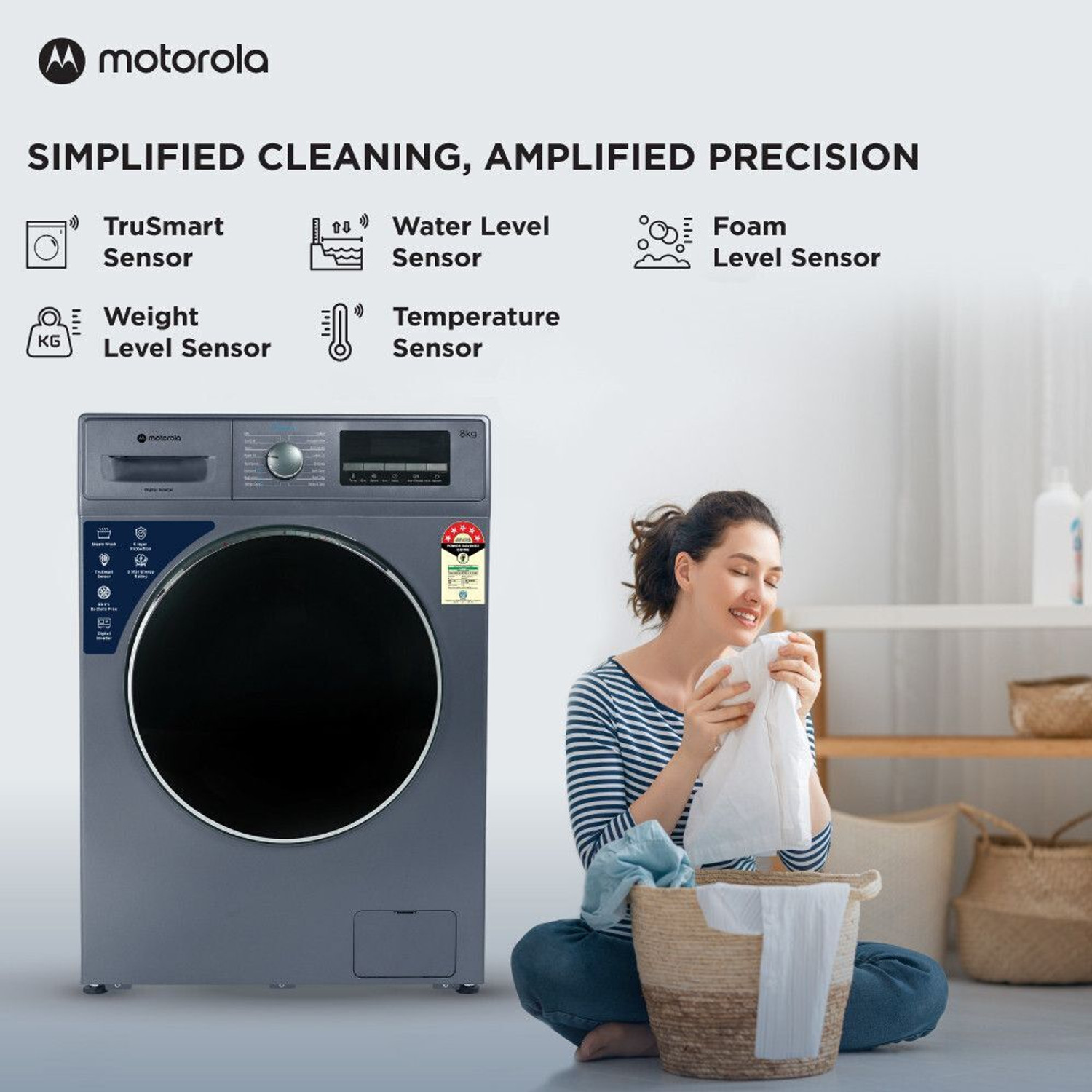 Image of MOTOROLA 8 kg Super Steam Technology Fully Automatic Front Load Washing Machine with In-built Heater Blue