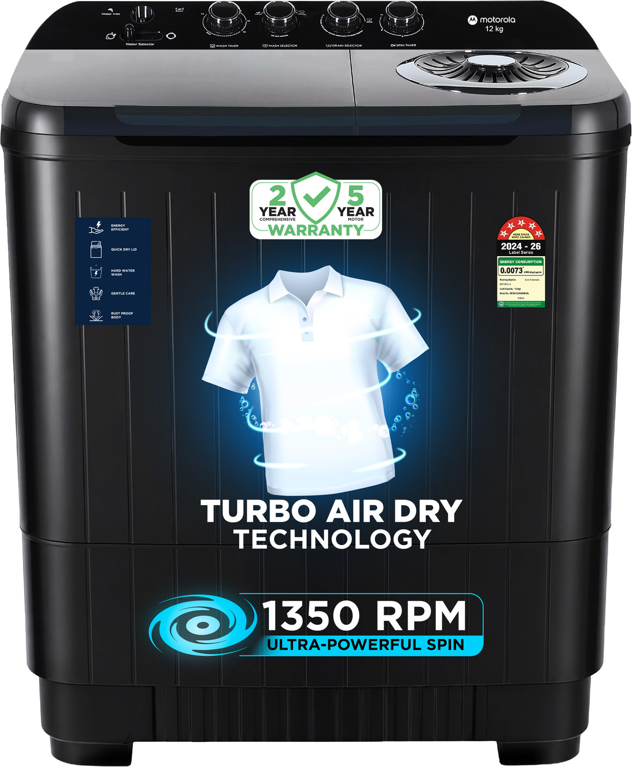 Image of MOTOROLA 12 kg Semi Automatic Top Load Washing Machine Black