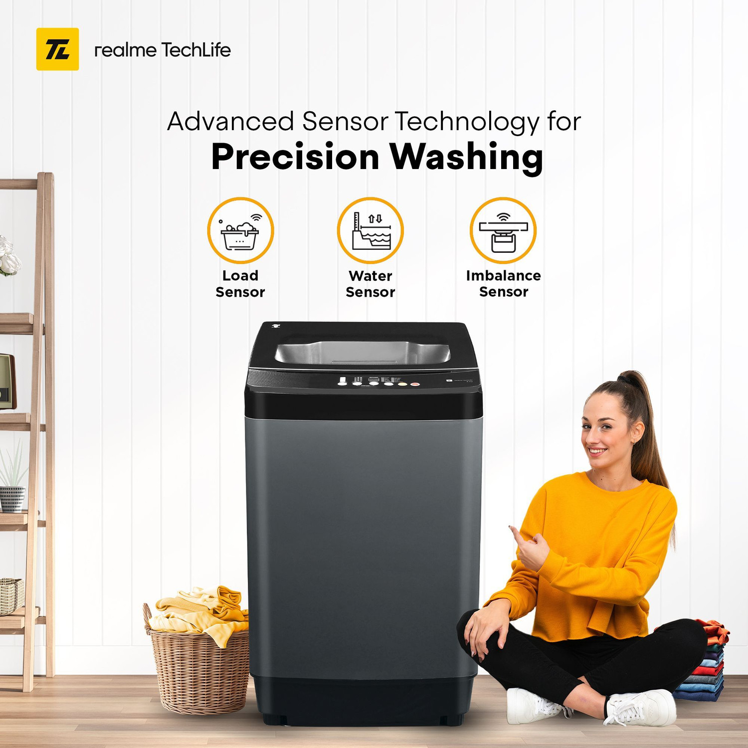 Image of realme TechLife 8 kg 5 Star Rating Fabric Safe Wash Fully Automatic Top Load Washing Machine Grey