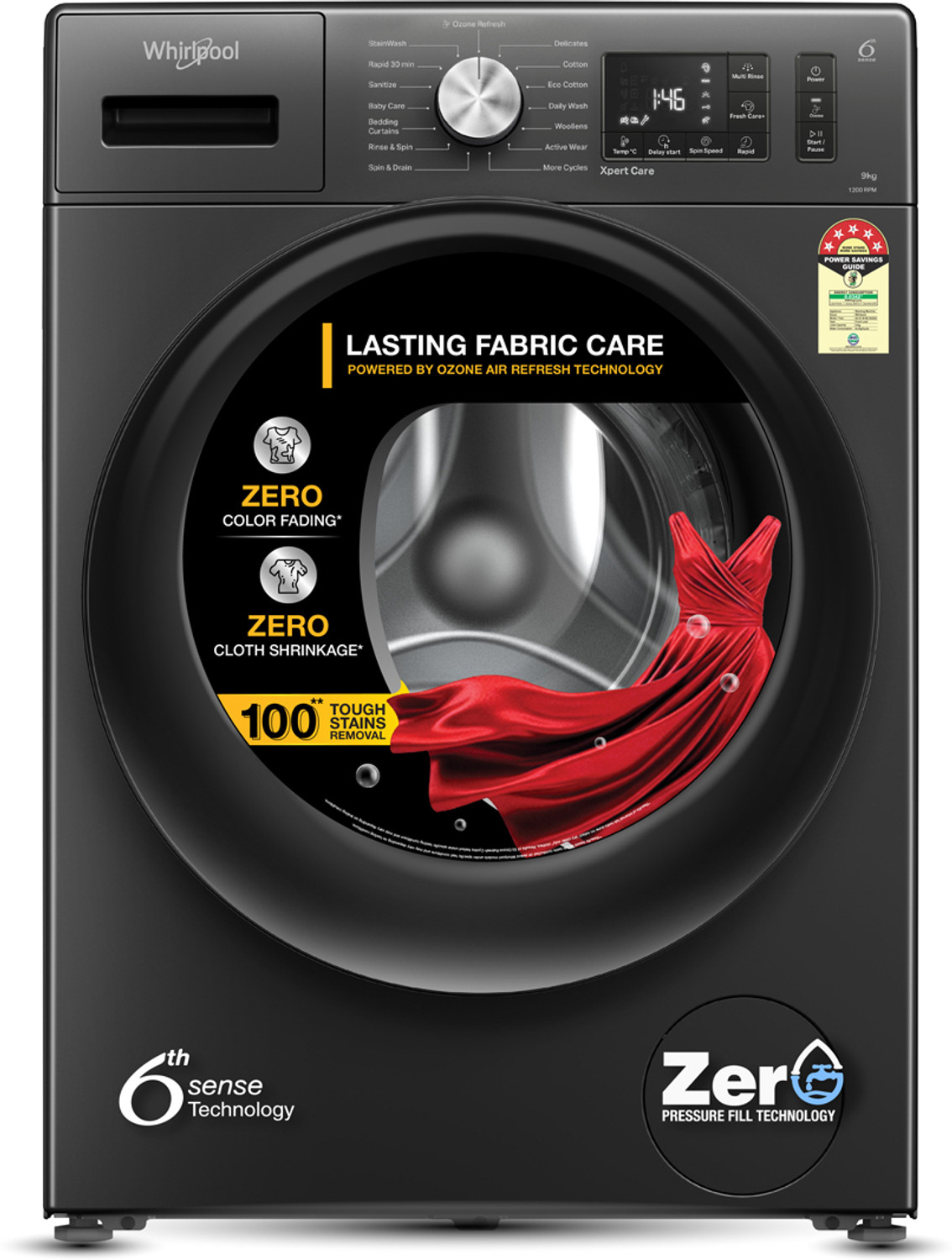 Image of Whirlpool 9 kg Ozone Technology 5 Star Inverter 100+ Tough Stains, 1200 RPM, Supreme Care Fully Automatic Front Load Washing Machine with In-built Heater Black, Grey